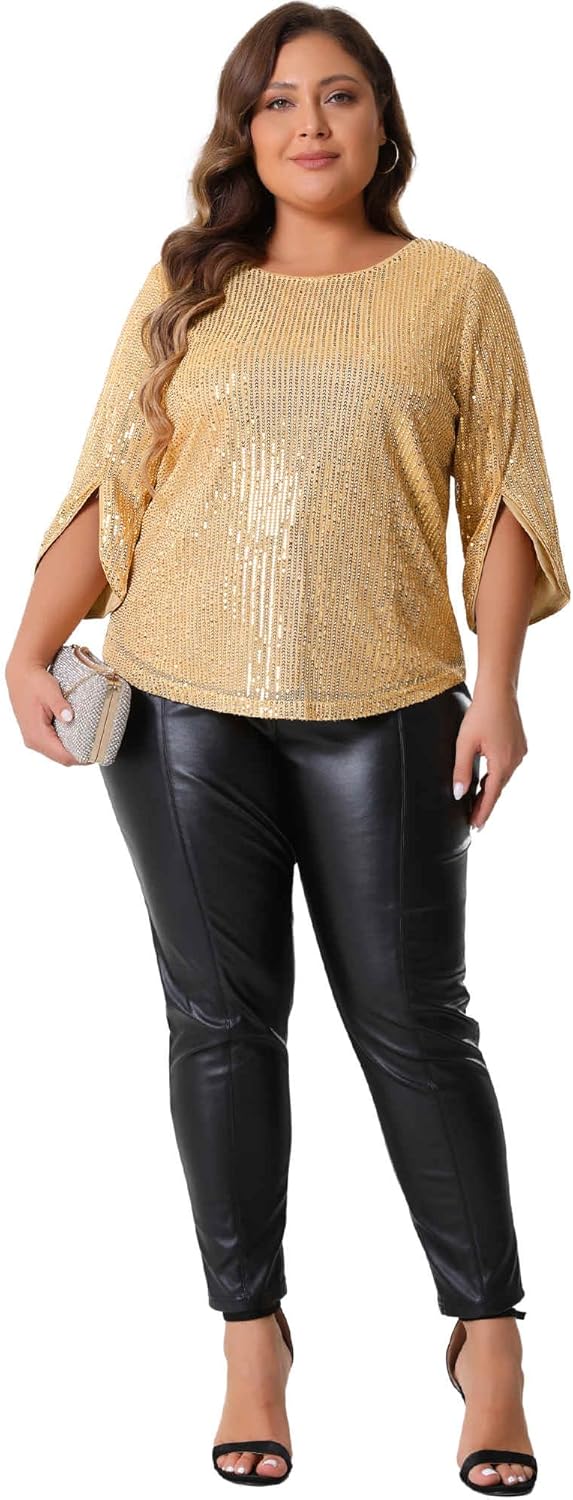 Agnes Orinda Plus Size Tops for Women 2025 Glitter 3/4 Slit Sleeve Crew Neck Shimmer Sparkle Sequin Party Blouse Tops - Image 3