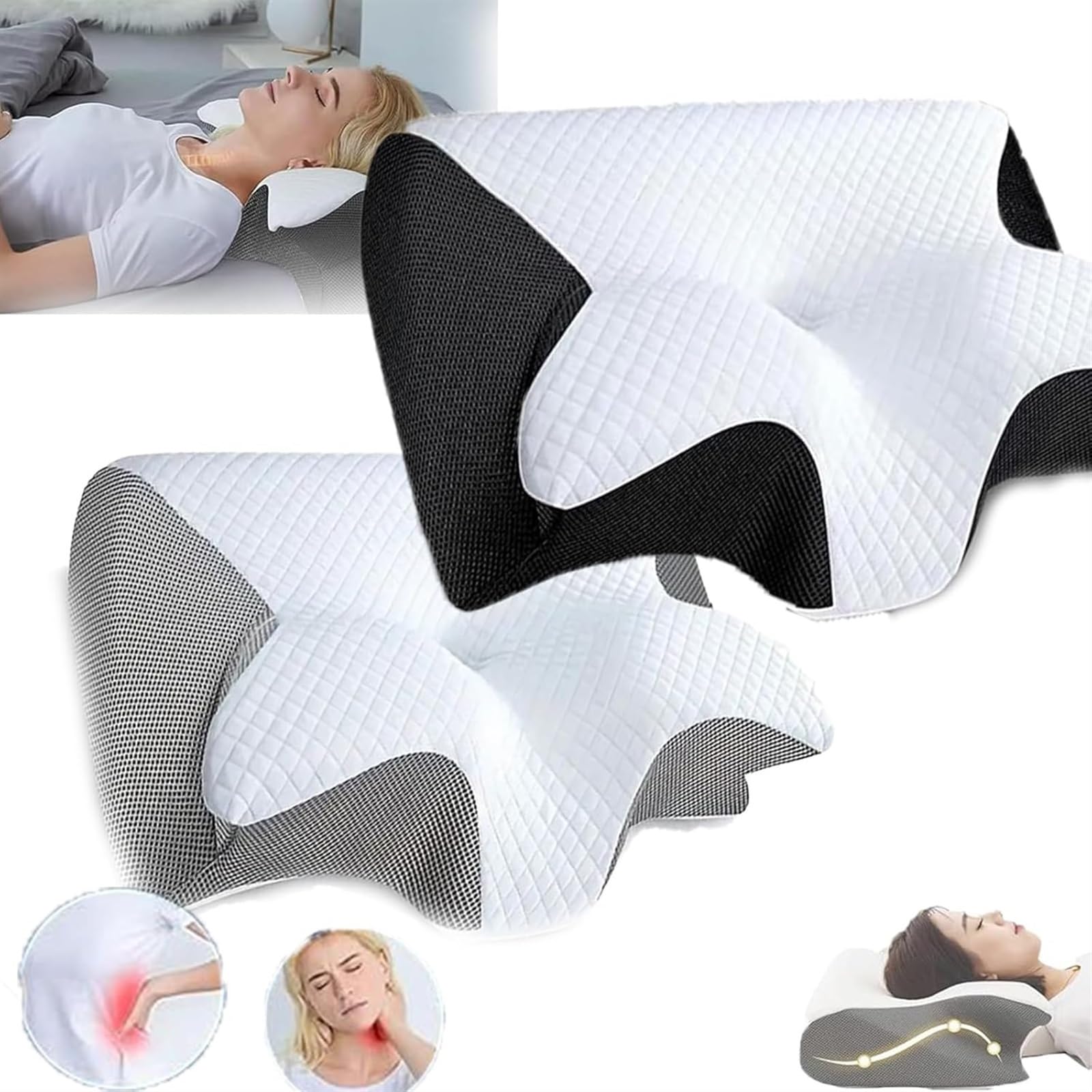 Ornatera Pillow, Cleshy Pillow, Rotayaltyte Pillow, Comodys Sleep Pillow，Restrelief Premium Ergonomic Pillow Side Sleeper for Adults, Orthopedic Bed Pillow for Side Back Stomach Sleeper(Gray+Black)