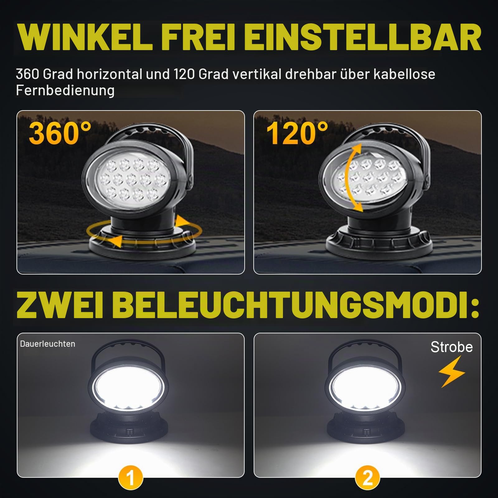 50W LED-Suchscheinwerfer mit Fernbedienung, 360° Drehbares LED-Arbeitsscheinwerfer, Starke eingebaute Magnete, Helligkeit einstellbar, 12V 24V Scheinwerfer für LKW Boote Jagd