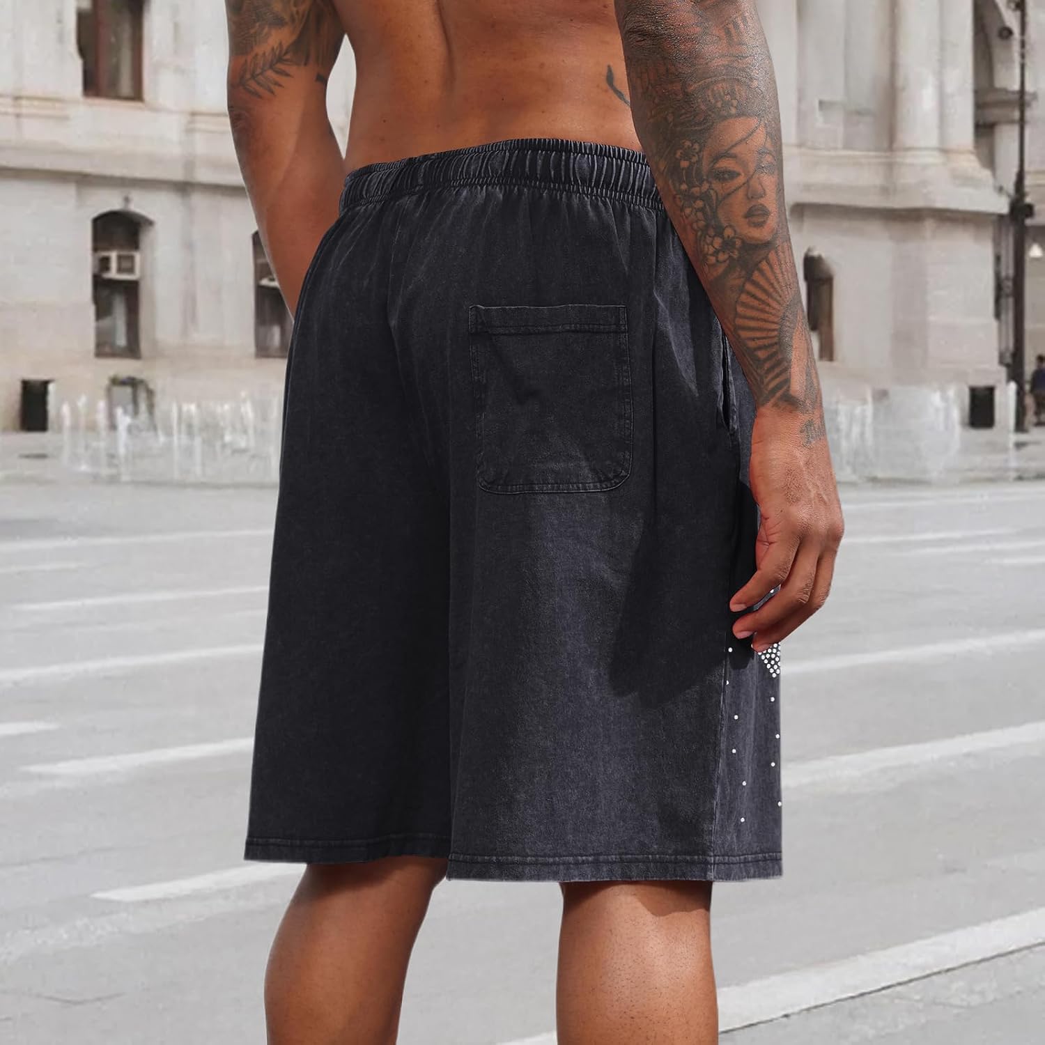 BeWithYou Christian Cross Graphic Rhinestone Shorts Men Y2k Vintage Acid Wash Athletic Workout Gym Casual Shorts Streetwear