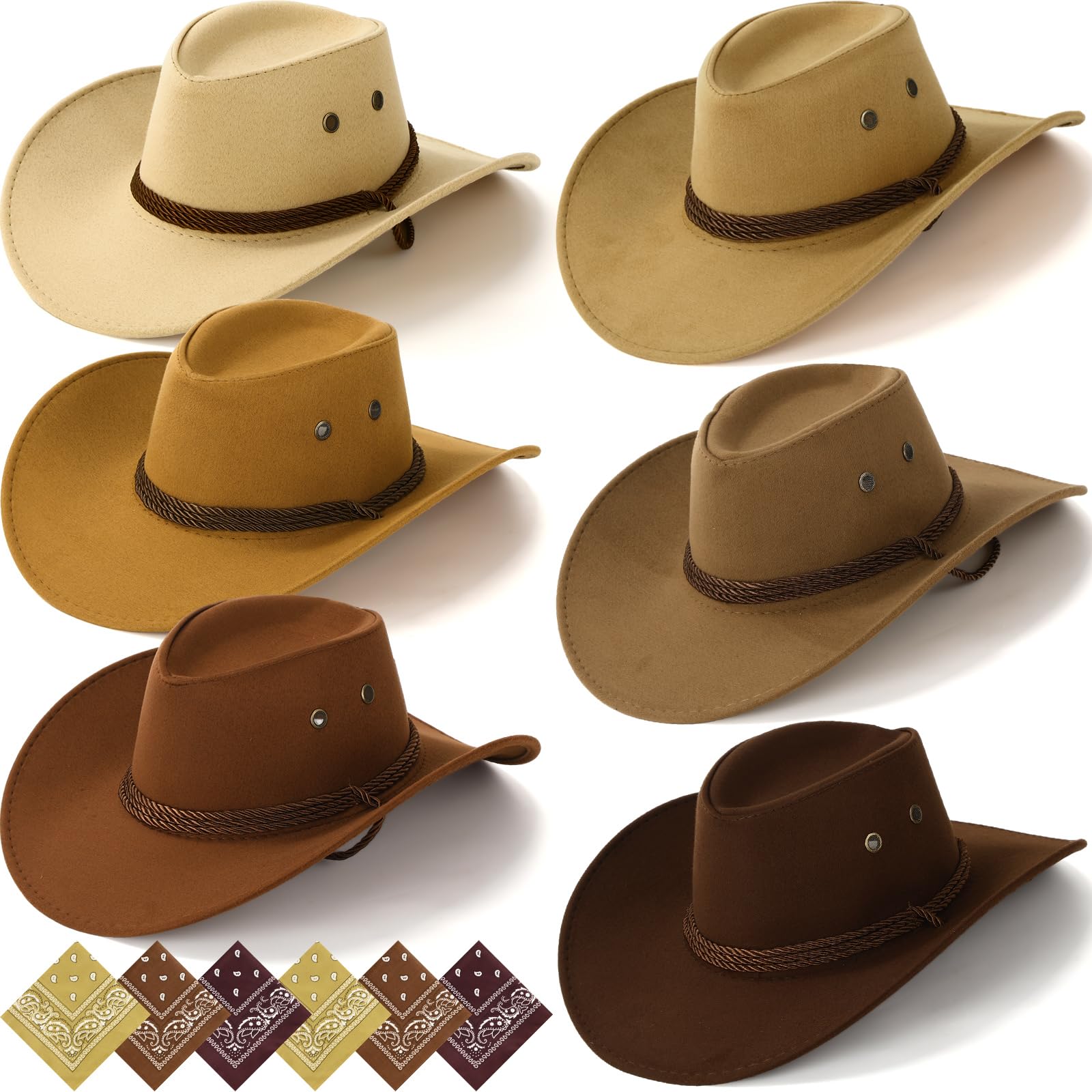 Zhanmai 12 Pcs Cowboy Hat and Bandana Cowboy Cowgirl Hats Bulk Western Party Costume Halloween Accessory