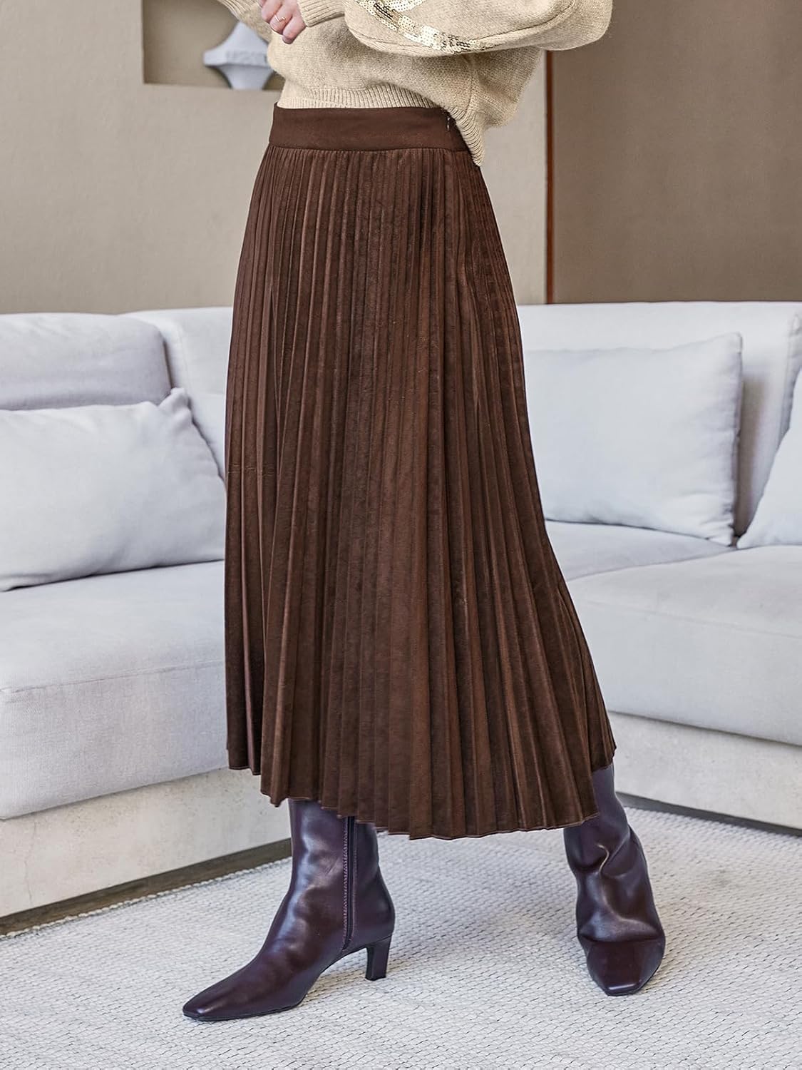 CUPSHE Women's Pleated Midi Skirts Dressy A Line Velvet High Waist Long Skirt - Image 6