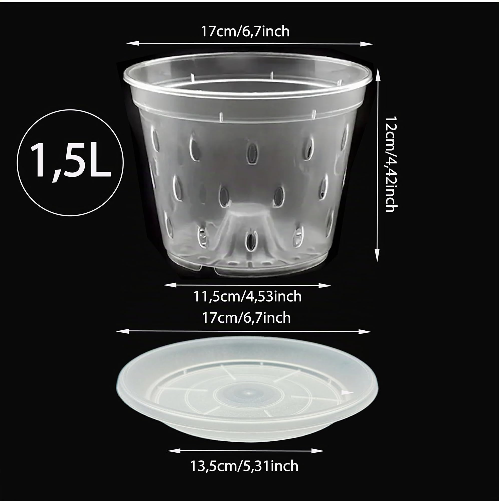 Garten lux Lot de 10 Pots à orchidées Transparents avec Trou de Drainage de 17 cm de diamètre 1,5 l et 10 soucoupes en Plastique pour orchidées pour l'intérieur