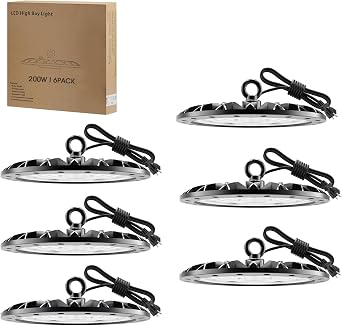 LED High Bay UFO Lights 200W 20000LM LED High Bay Shop Lighting Fixtures - 6500K Daylight White LED UFO Light with US Plug Commercial High Bay Lamp 6 Pack