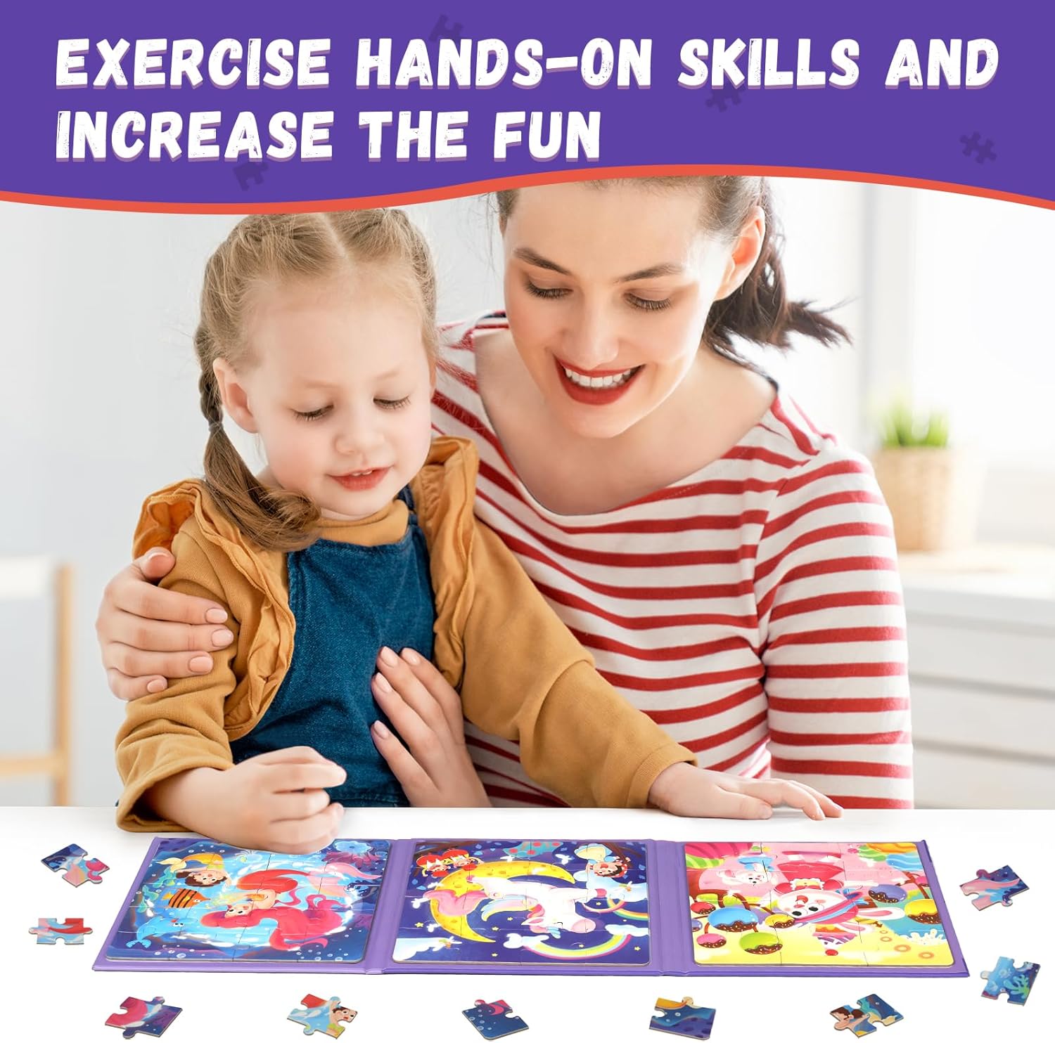 Magnetic Puzzles for Toddlers 1-3, Cartoon Mermaid Magnet 3 in 1 Jigsaw Puzzle, Kids Travel Puzzles Toys, Preschool Learning Toy for Kids 1-8 Year (Mermaid)