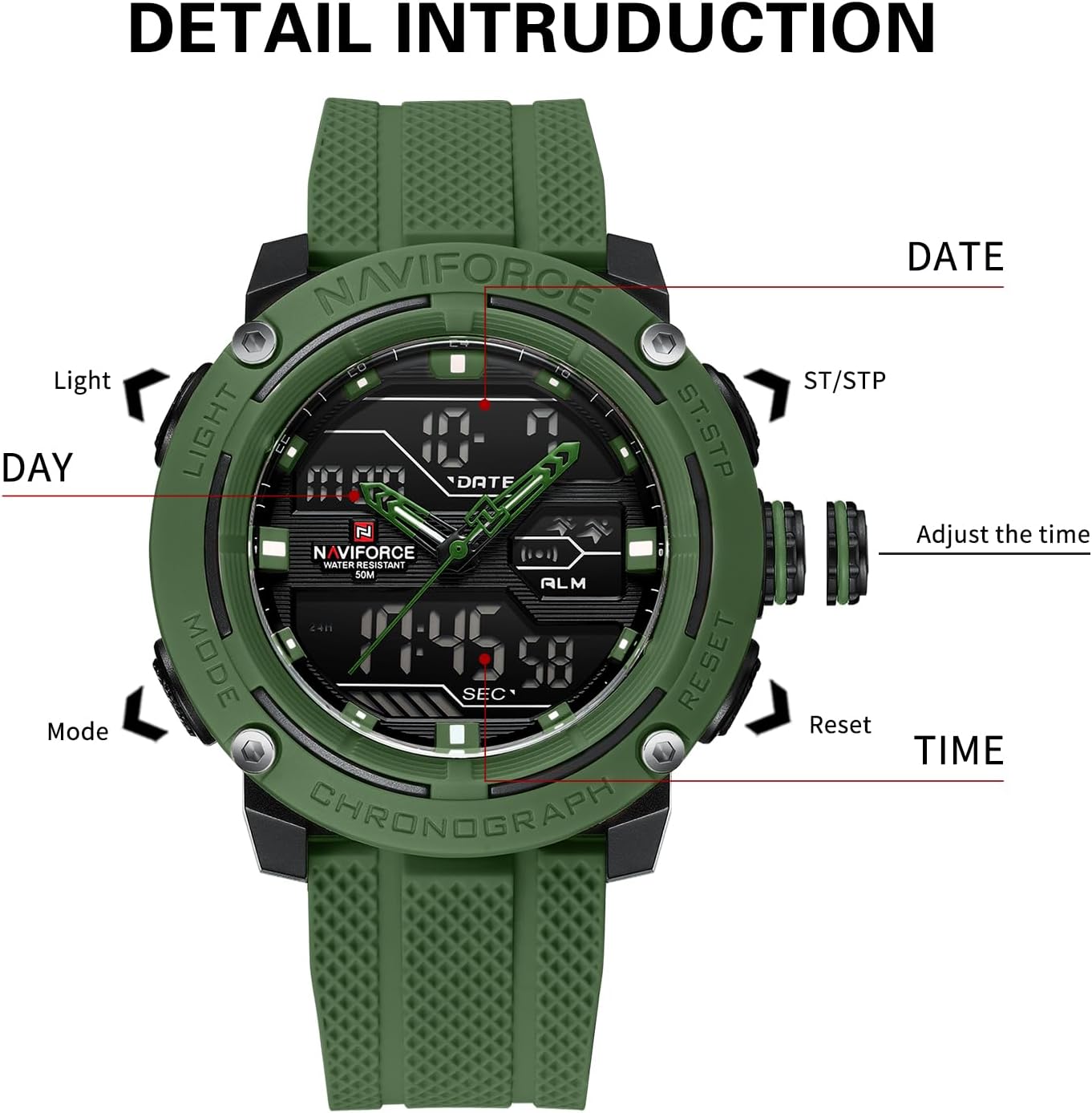 NAVIFORCE 5ATM Waterproof Sport Watches for Men Silicone Band Quartz Analog Digital Alarm Clock Chronograph Luminous Wristwatch - Image 6