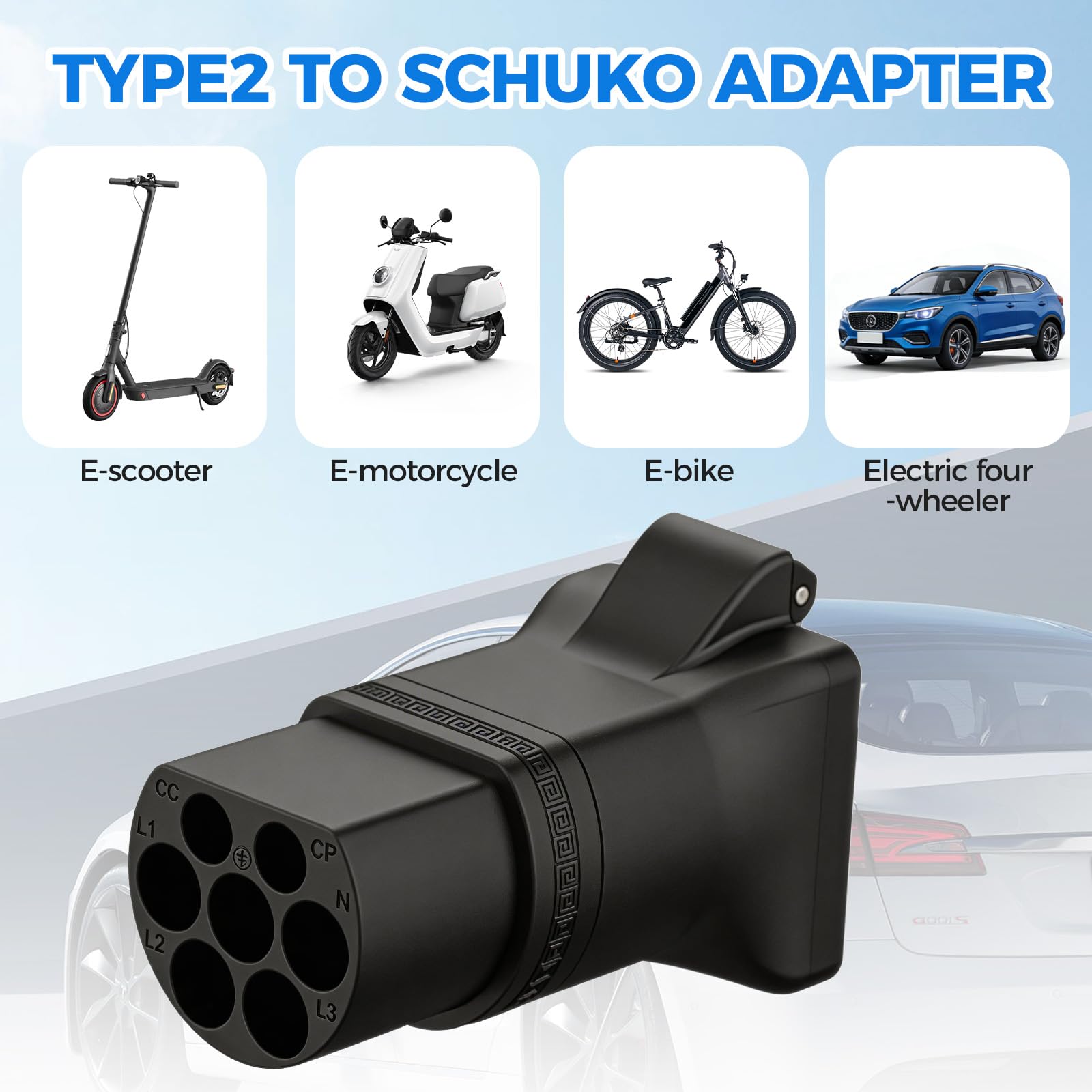 Adaptateur Type 2 vers Schuko LED Station Recharge, 16A 3,5kW | Matériau ABS Résistant Voyant LED, 220V, Déchargeur Typ2 VAE Trottinette, Micro-VE Moto Électrique