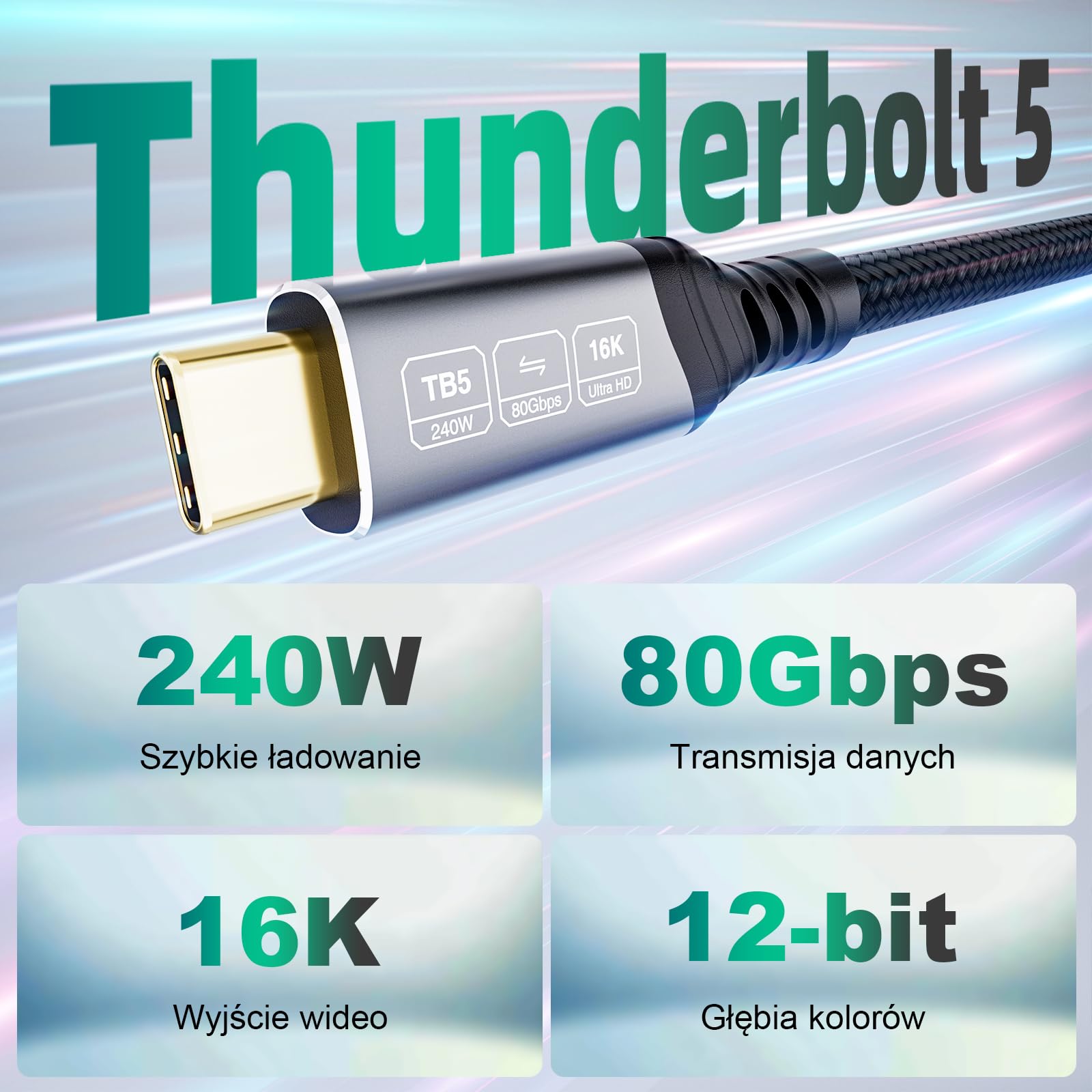 USB C Thunderbolt 5 Kabel 80Gbps 3m, przepustowość wideo 120Gbps, PD 3.1 240W, wideo 16K@30Hz 8K@60Hz, 12-bitowa głębia kolorów Kompatybilny z Mac mini M4 Pro, Thunderbolt 4, SSD, eGPU