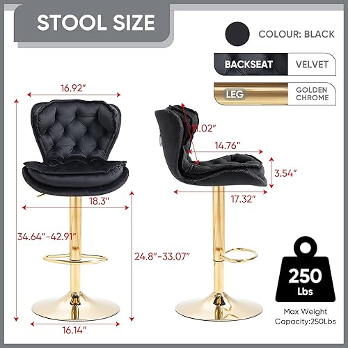 Miniatura 3 de Taburetes de bar giratorios juego de 2 taburetes de bar modernos ajustables con altura de mostrador taburete tapizado de terciopelo copetudo