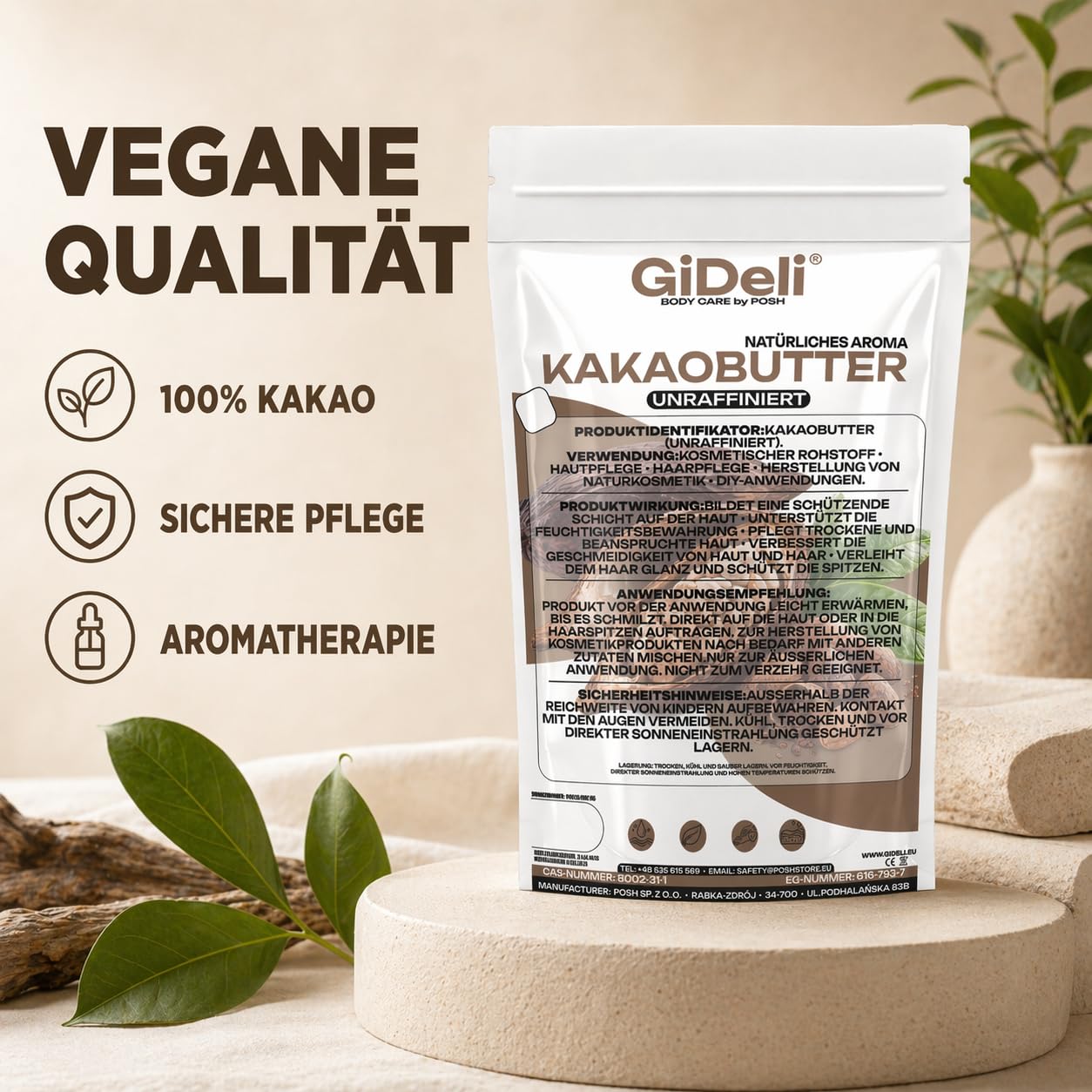GiDeli Kakaobutter 1kg - Das Kakaofett Tiefenwirksam Feuchtigkeitsspendend und Regenerierend - Unraffinierte Butter für Haut und Haarpflege - Das Kakaobohnenfett mit Schutzwirkung
