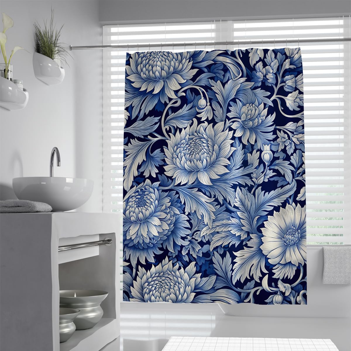OLLIAR Home Blue Floral Shower Curtain 100x180 Elegant Peony Blossom Flower with Leaves Vintage Bathroom Curtains Waterproof Fabric Bath Curtain with Hooks