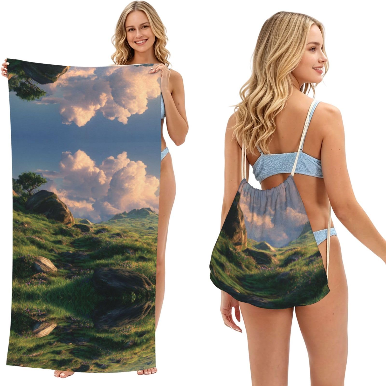 ESNAIUVCD Grassland Scenery Print Beach Towel For Adults,Towel With Drawstring Bag, Travel Pool Swimming Sports Shower Sand Free Quick Dry Bath Towel For Pool, Beach, Yoga- 180x60cm