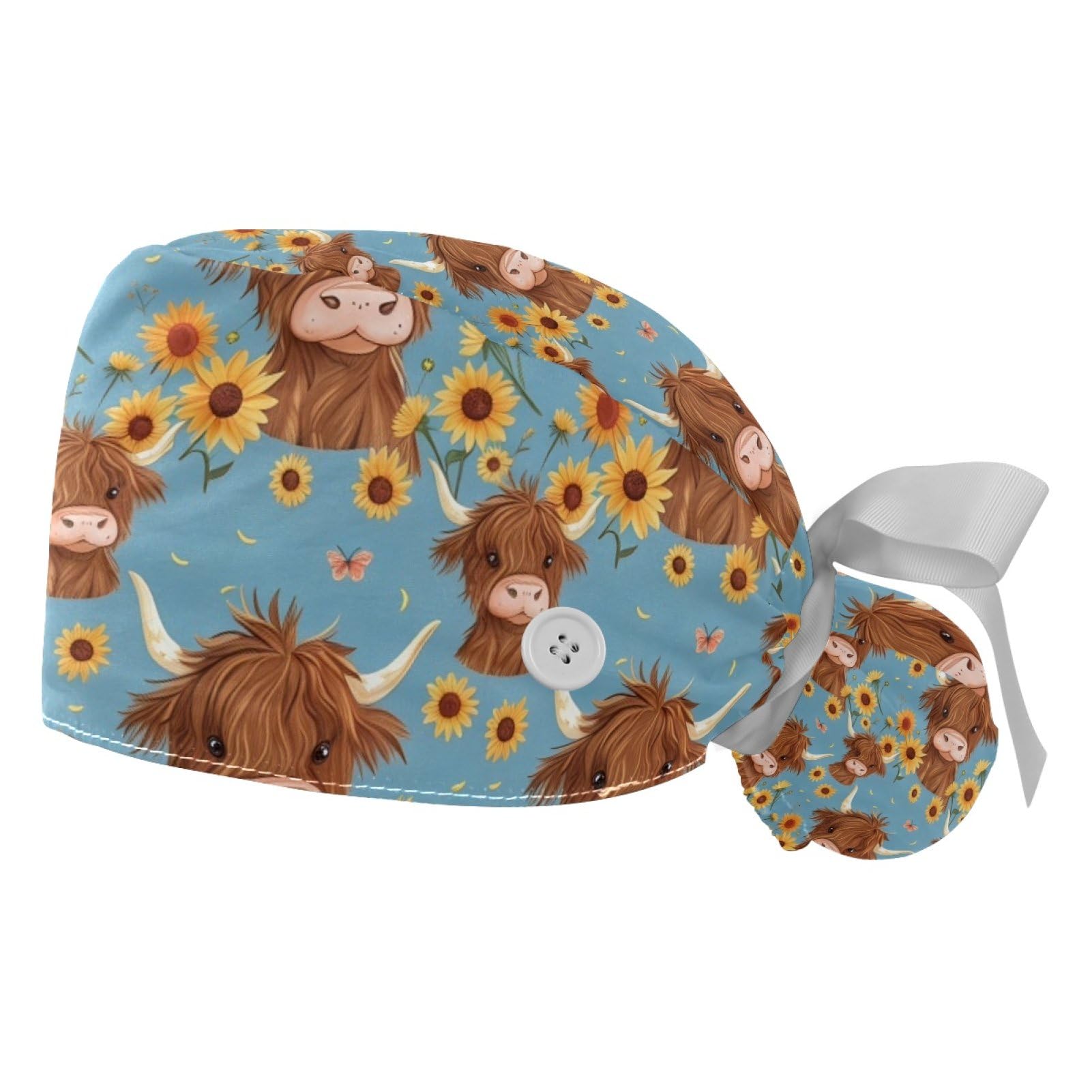 2 PCS Bouffant Cap with Button Ponytail Pouch Working Cap Sweatband Adjustable Surgical Cap Black and White Cow