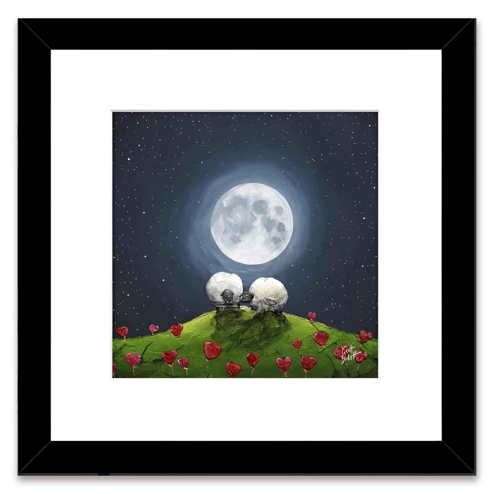 Artko Moonlit Sheep Framed Wall Art - 'Hug Ewe' by Geoff Beckett - Cute Countryside Picture - Ready to Hang Animal Home Décor - 33.5cm x 33.5cm