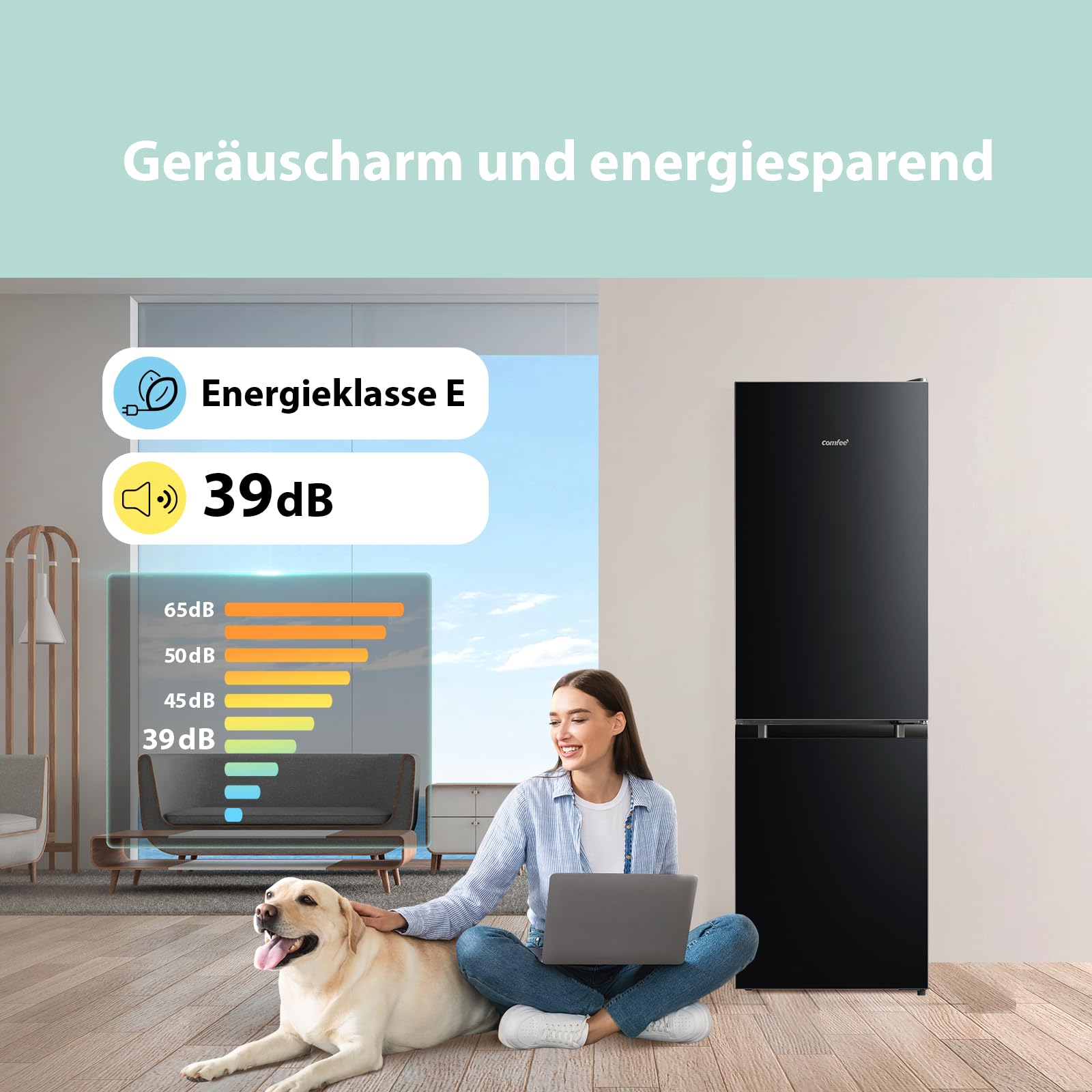 Comfee Kühlschrank mit Gefrierfach RCB169DK2(E) 174L Kühl-Gefrierkombination 150 cm Low Frost Leise 39 dB LED-Licht Freistehend Schwarz