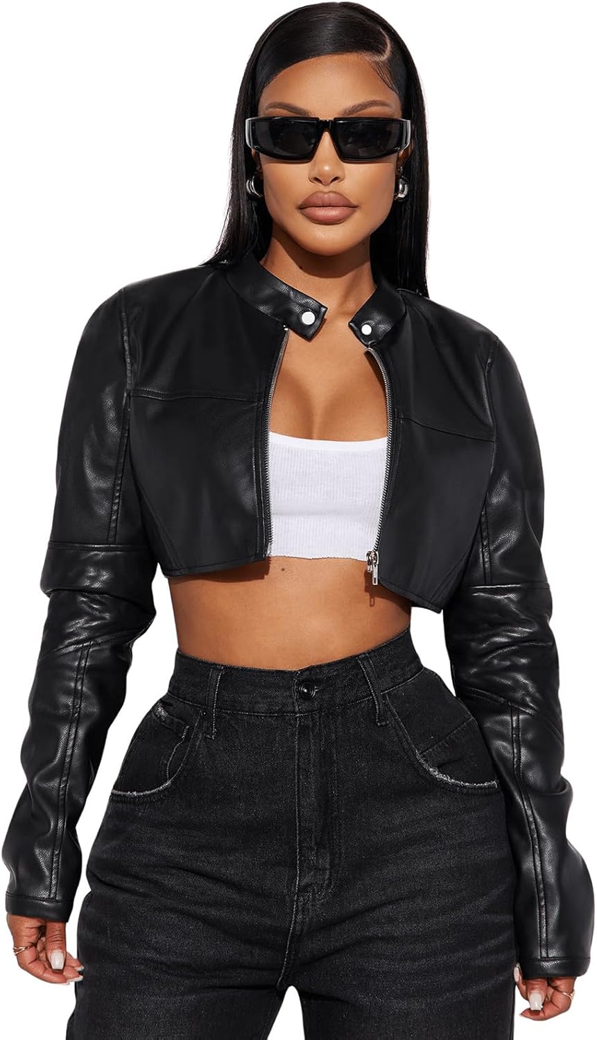 Women's Faux Leather Jacket Cropped Leather Jacket Women Bomber Motorcycle Jacket y2k Jacket