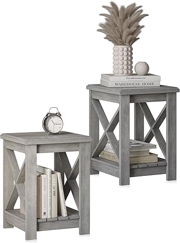 BELLEZE Juego de 2 mesas auxiliares modernas mesitas de noche para sofá mesa auxiliar de 2 niveles con estante de almacenamiento junto a la mesa