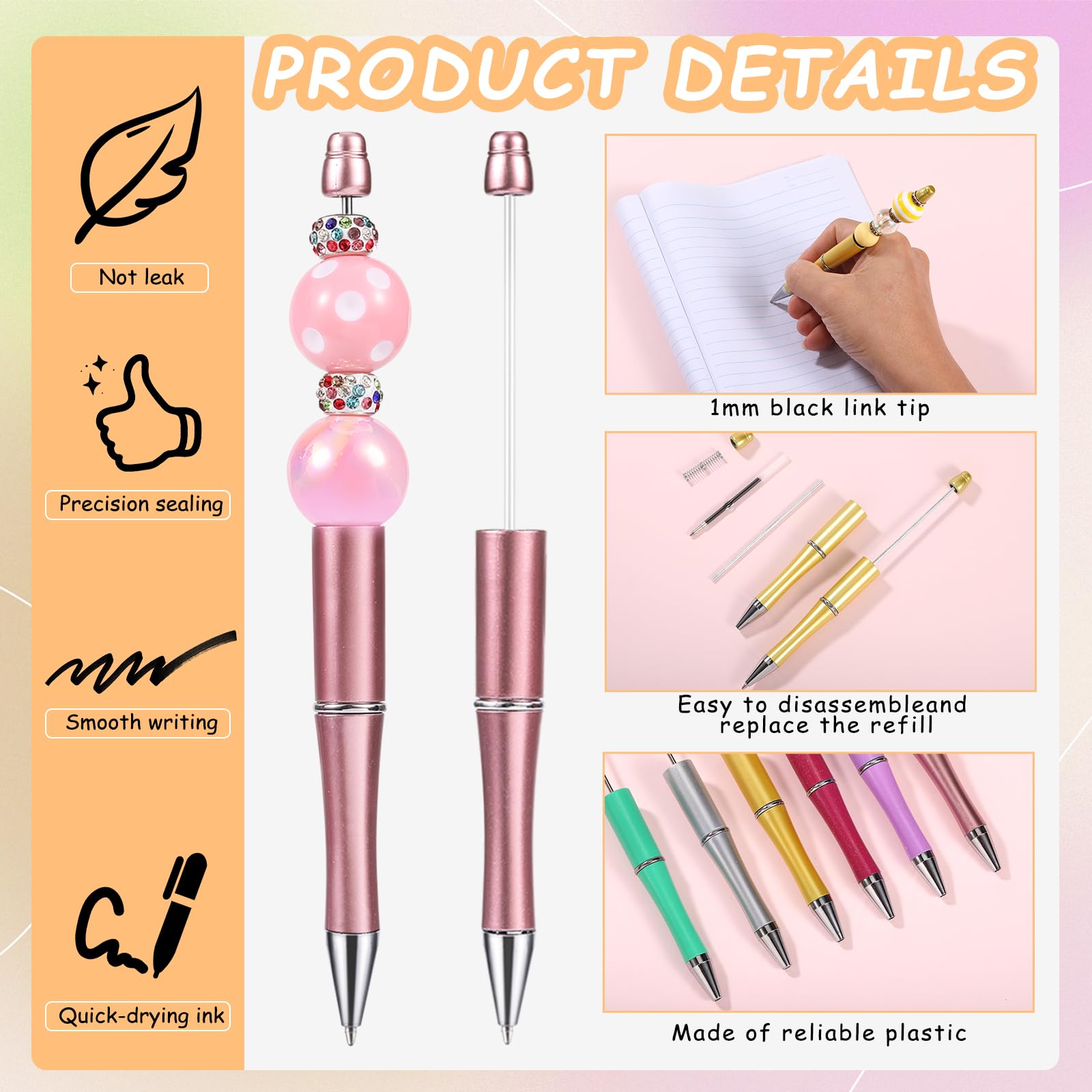 WEWAYSMILE 12 Set Beaded Pens Kits Silicone Beads For Pens DIY Cartoon Bead Pen Various Silicone Beads Spacer Beads Suitable For Office School Gift Handicraft Office Supplies(Striped Round Beads) - Image 4
