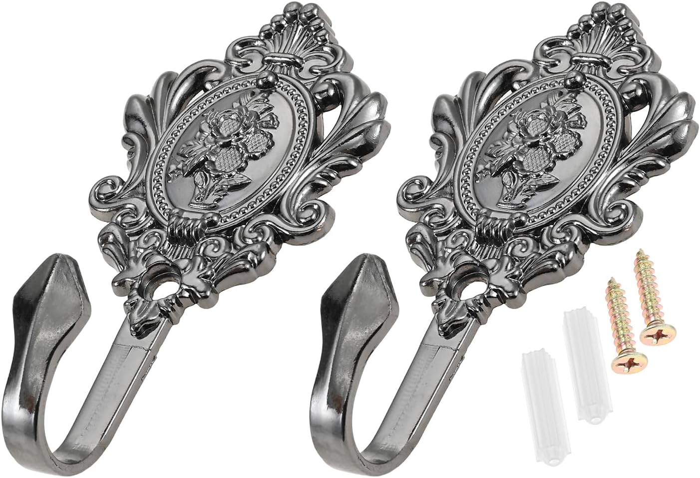 2Pcs Wall Hooks Black Pattern Carved Vintage Drapery Clothes Key Hook Bathroom Bedroom Multi-Function Decorative Hook with Screws