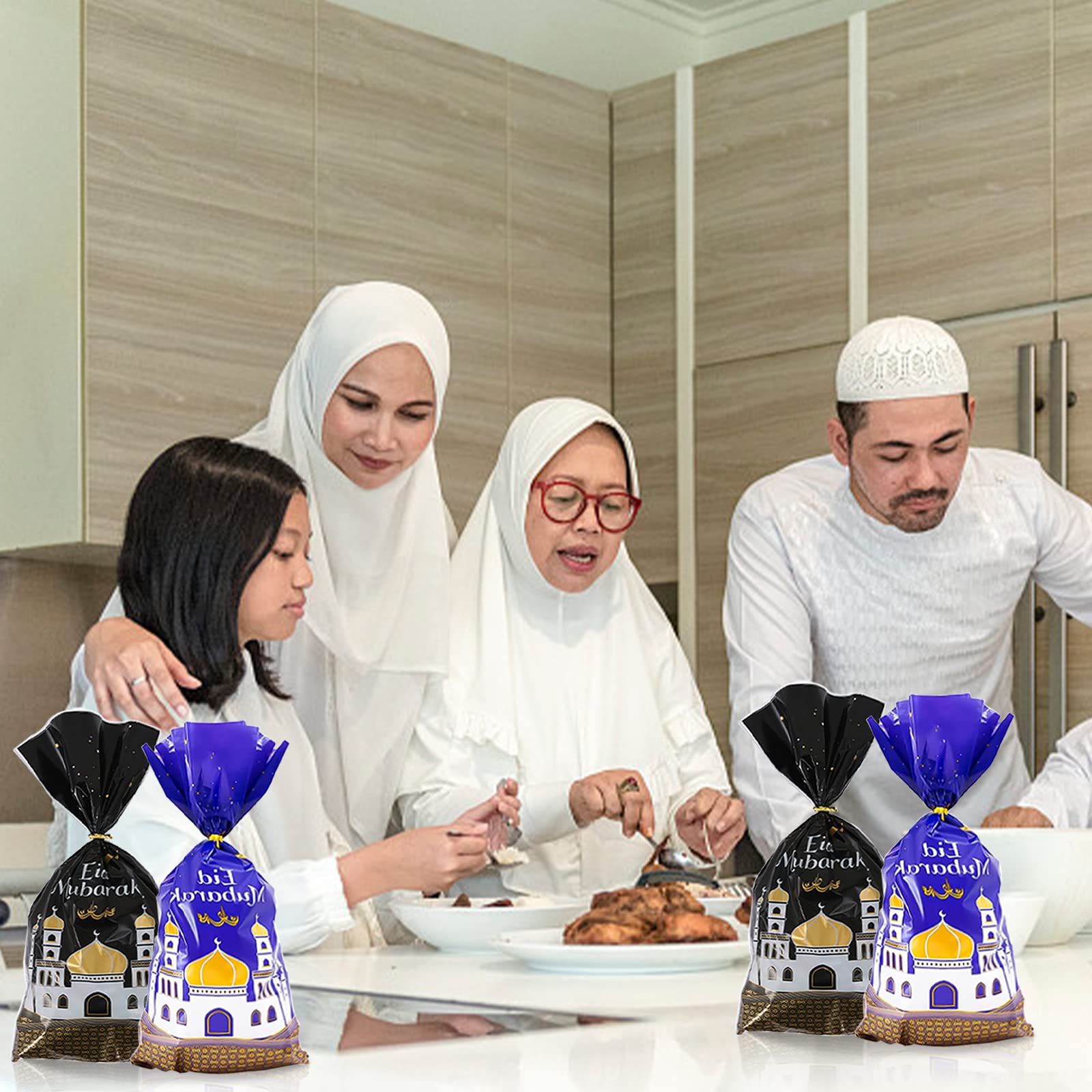 Eid Mubarak - Sacchetti regalo per feste, 100 pezzi, Eid Mubarak, Ramadan, con 100 cravatte, tema Ramadan, motivo moschea, stampa musulmano, decorazione Ramadan (C