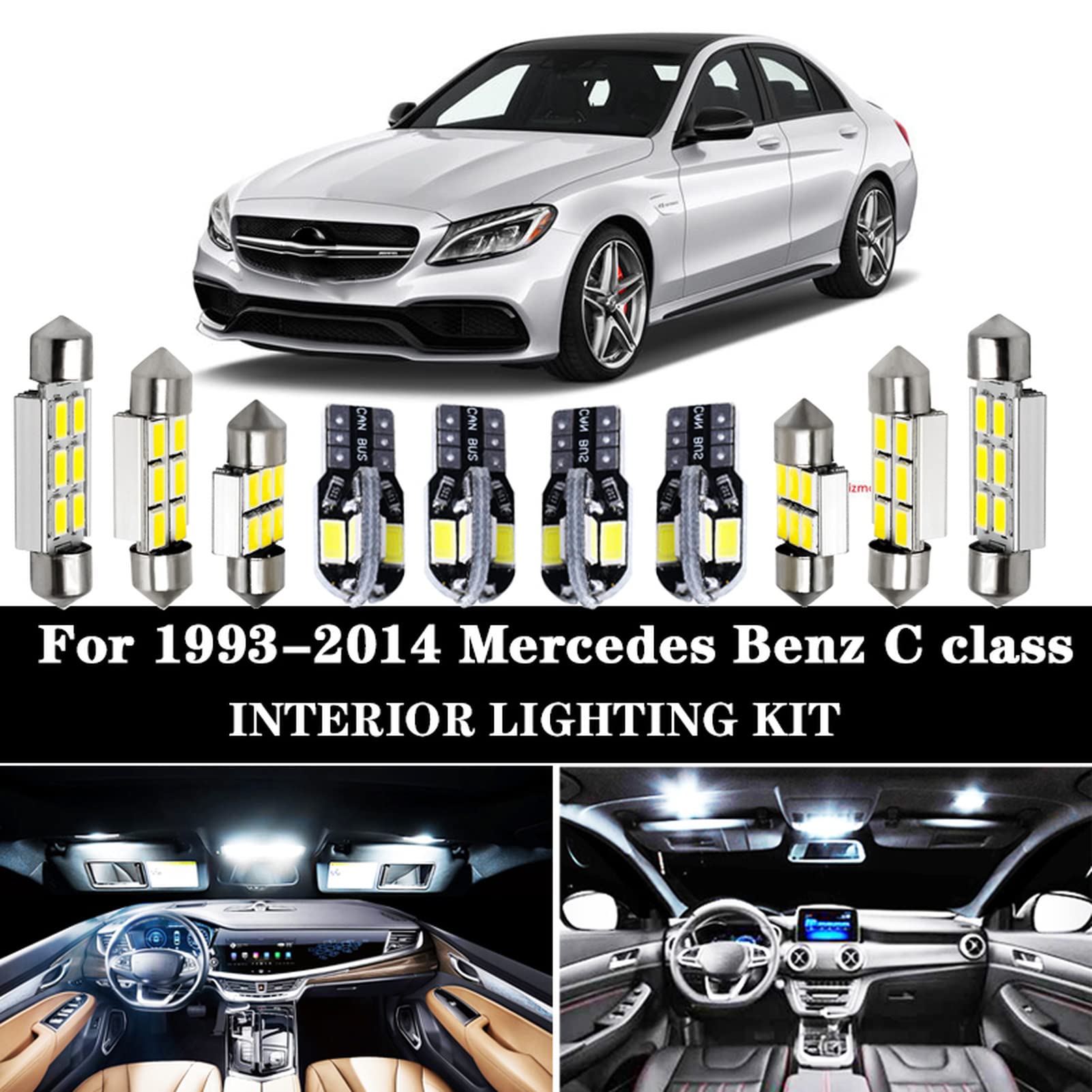 Kit d'éclairage intérieur de dôme d'ampoule LED Blanc Canbus Parfait, pour Mercedes Benz Classe C W202 W203 W204 S202 S203 S204 C203 C204 1993-2014