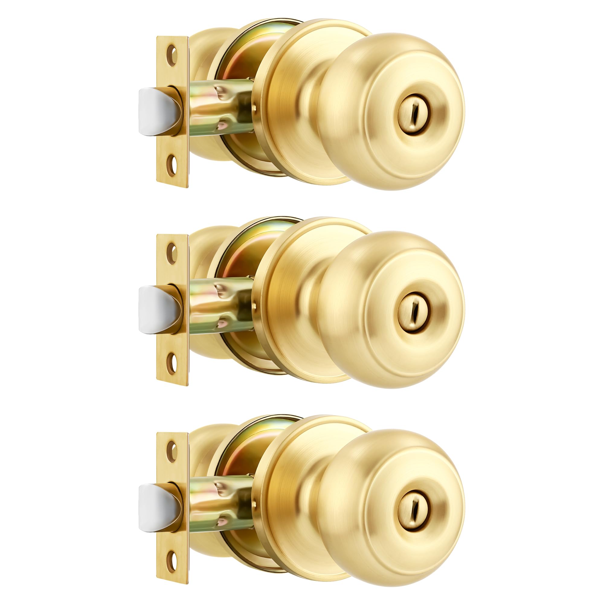 Heittis 3 Pack Bathroom Door Knob, Satin Brass Privacy Doorknobs,Golden Door Knob with Round Ball for Bathroom