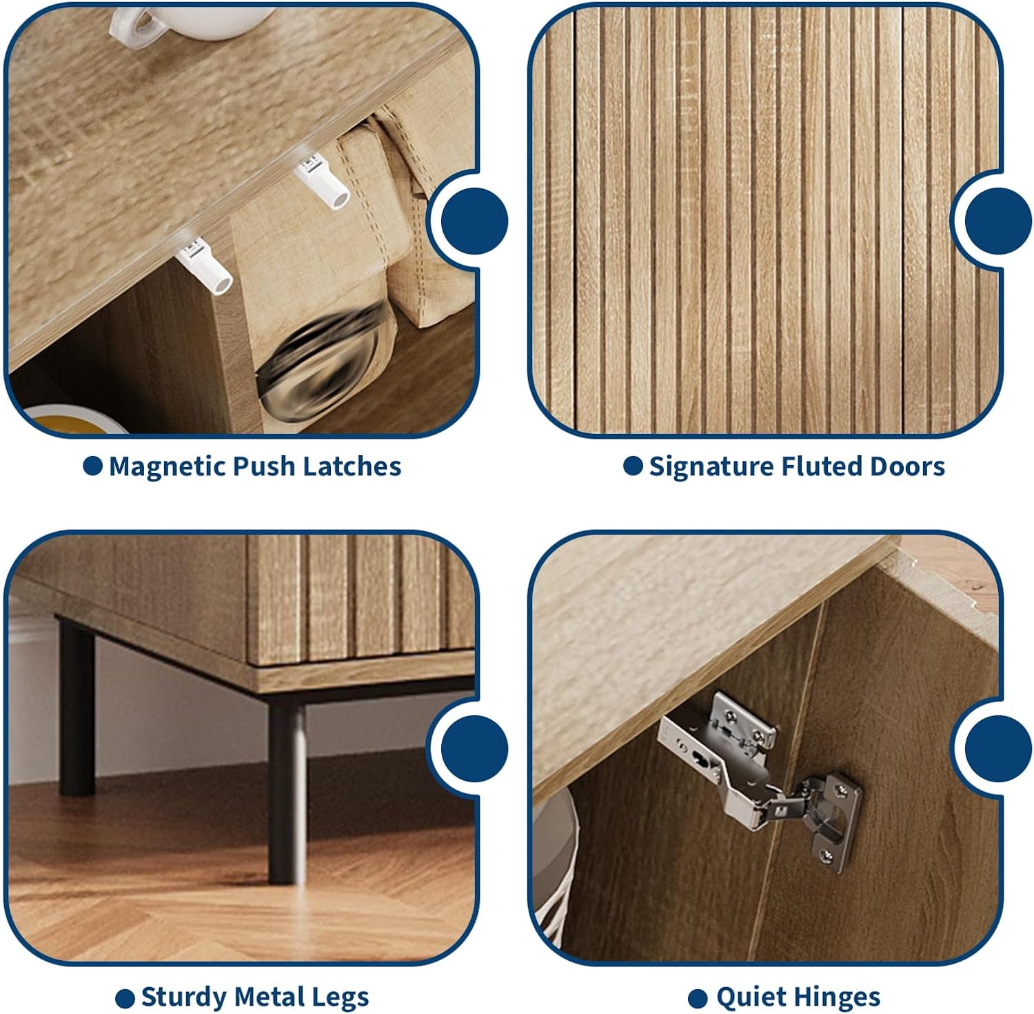 63" Fluted Storage Cabinets, Sideboard Buffet Cabinet with 4 Doors, Adjustable Shelves and Metal Legs, Modern Credenza, Console Table Entryway Cabinets for Living Room- Natural Oak - Image 5