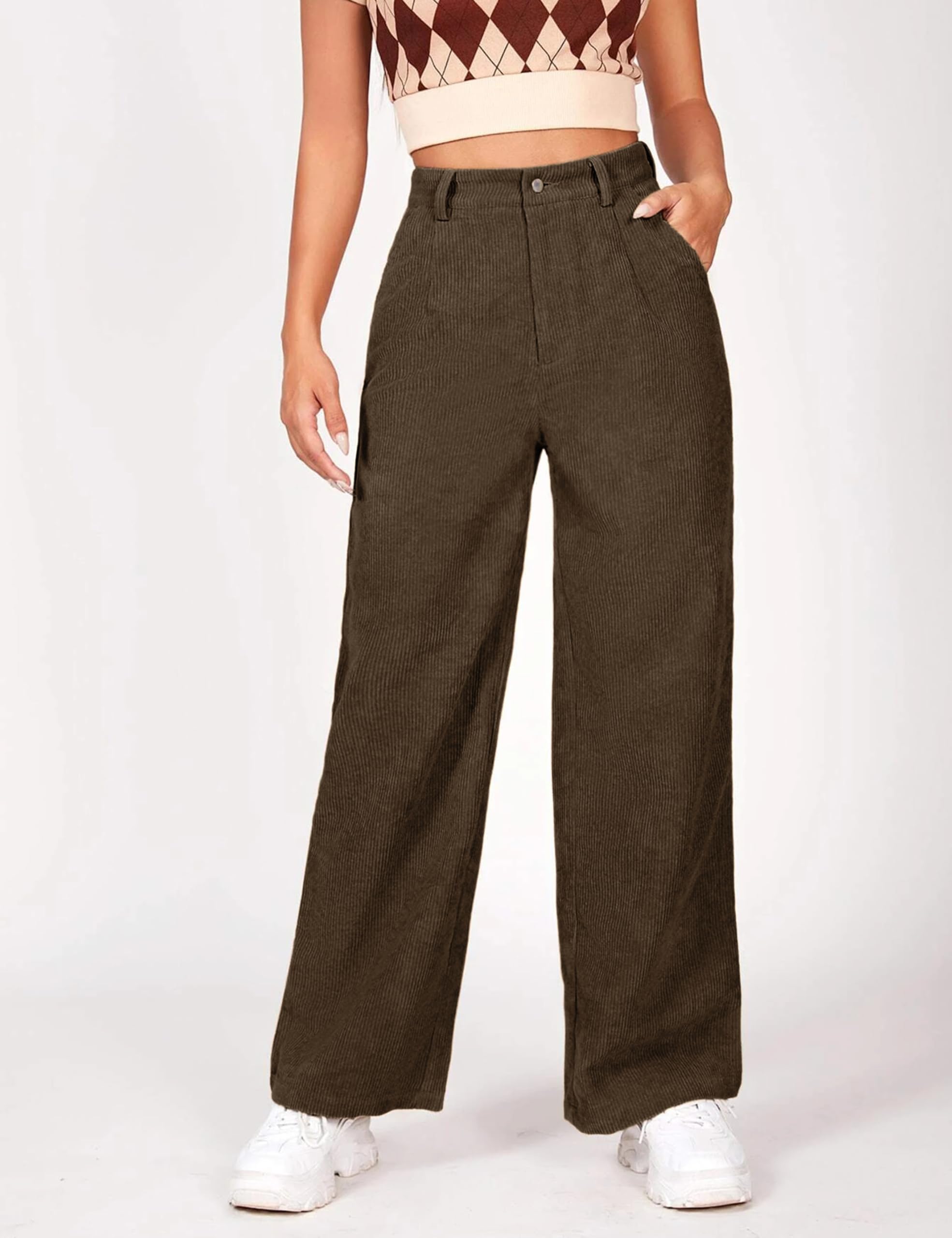 Himosyber Corduroy Pants for Women Casual Elastic High Waist Stretchy Wide Leg Pants Loose Fit Comfy Trousers with Pockets