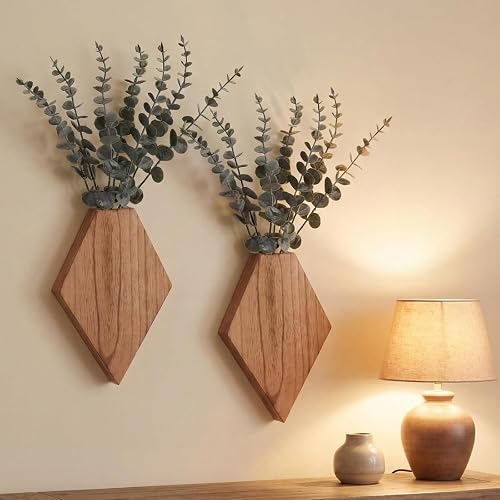 Chunful 2 Pcs Wooden Wall Planter Decor,Wooden Color,7.1 x 4.7 x 1.2 Inches | Hanging Faux Plants Greenery Flowers Holder Vase Boxes for Wall Bohemian Farmhouse Room Kitchen Office Indoor Decoration