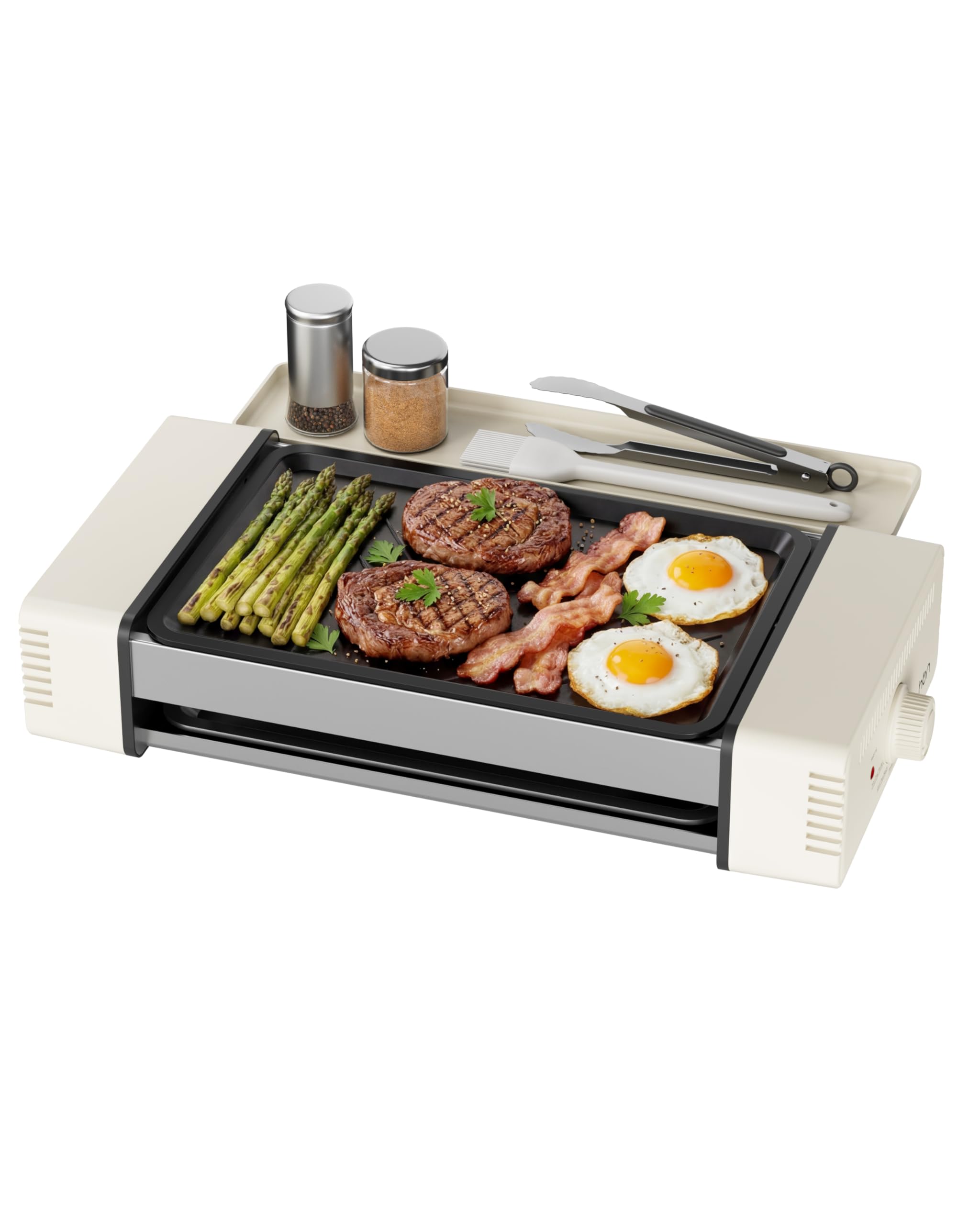 HBN Indoor Grill and Electric Griddle, 3-in-1 Smokeless Indoor Grill with Grill Rack & Nonstick Griddle & Sausage Grill Korean BBQ grill for Kitchen, Dishwasher Safe, 400F (Beige)