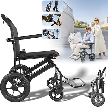 22lbs Wheelchair Lightweight Foldable, The Worlds Lightest Wheelchair Weighs Supports 220LBS for Transfers, Portable Wheelchair with 12-Inch Rear Wheels,Without Basket