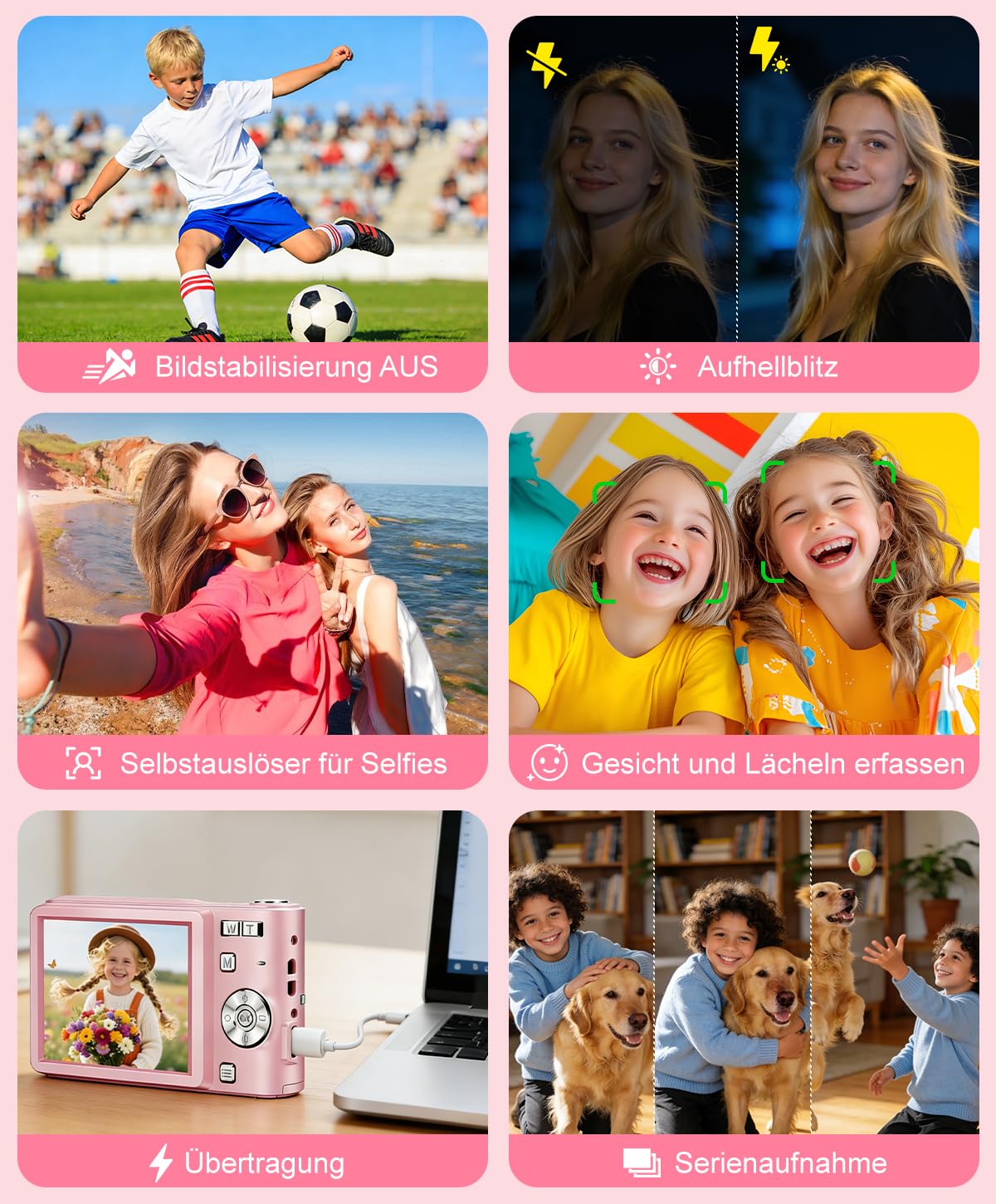 Digitalkamera 50MP Fotokamera 1080P Videokamera mit 16X Digitalzoom, 2,4" Bildschirm Vlogging Kamera Fotoapparat Mini Kompaktkamera für Kinder Teenager, 16G Karte (Rosa)