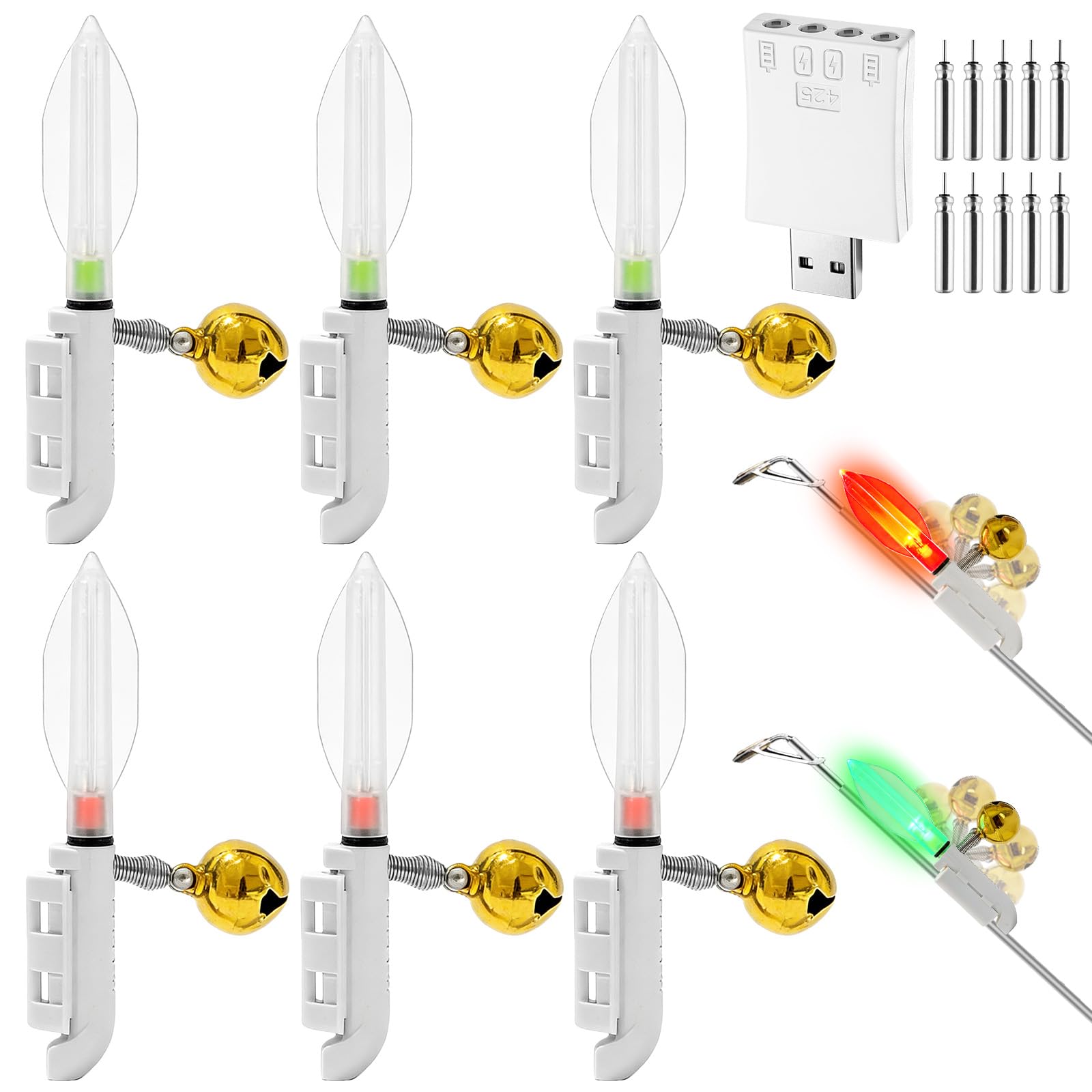 GBKDQQ 6 indicatori di abboccata per pesca, campanello di allarme, luci a LED, impermeabili, con fibbia, indicatore di abboccamento per canna da pesca (caricatore e batteria)