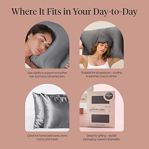 Vista 119 de Kitsch Funda de almohada de satén con cremallera para cabello y piel, tamaño Queen, más suave que la seda, paquete de 2 fundas de almohada 02.