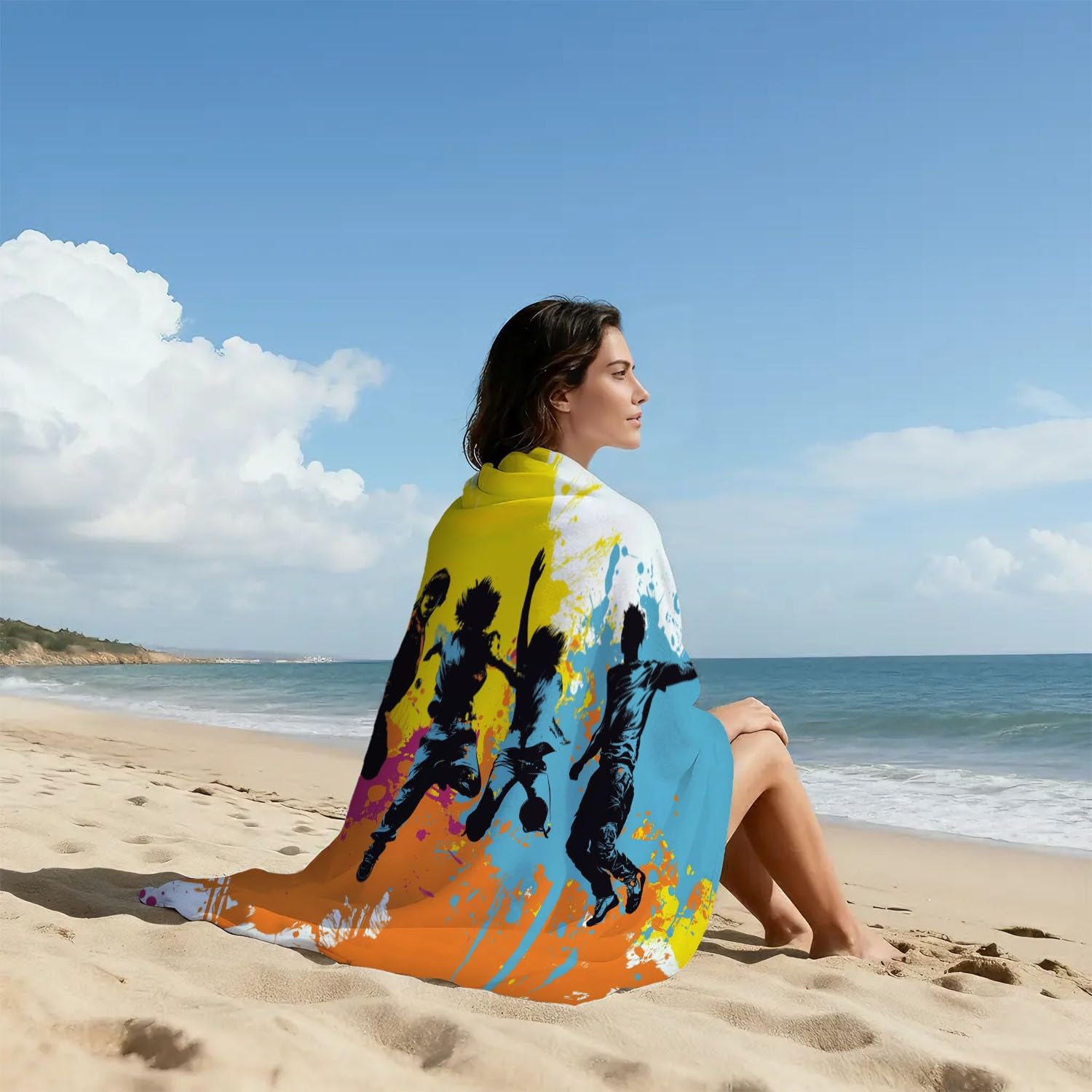 Générique Serviette de Plage Microfibre 230 x 210 CM,Drap de Plage Urbain, Graffiti, Silhouette, Couverture de Plage Absorbante,Couverture de Bain Silhouettes Vibrantes