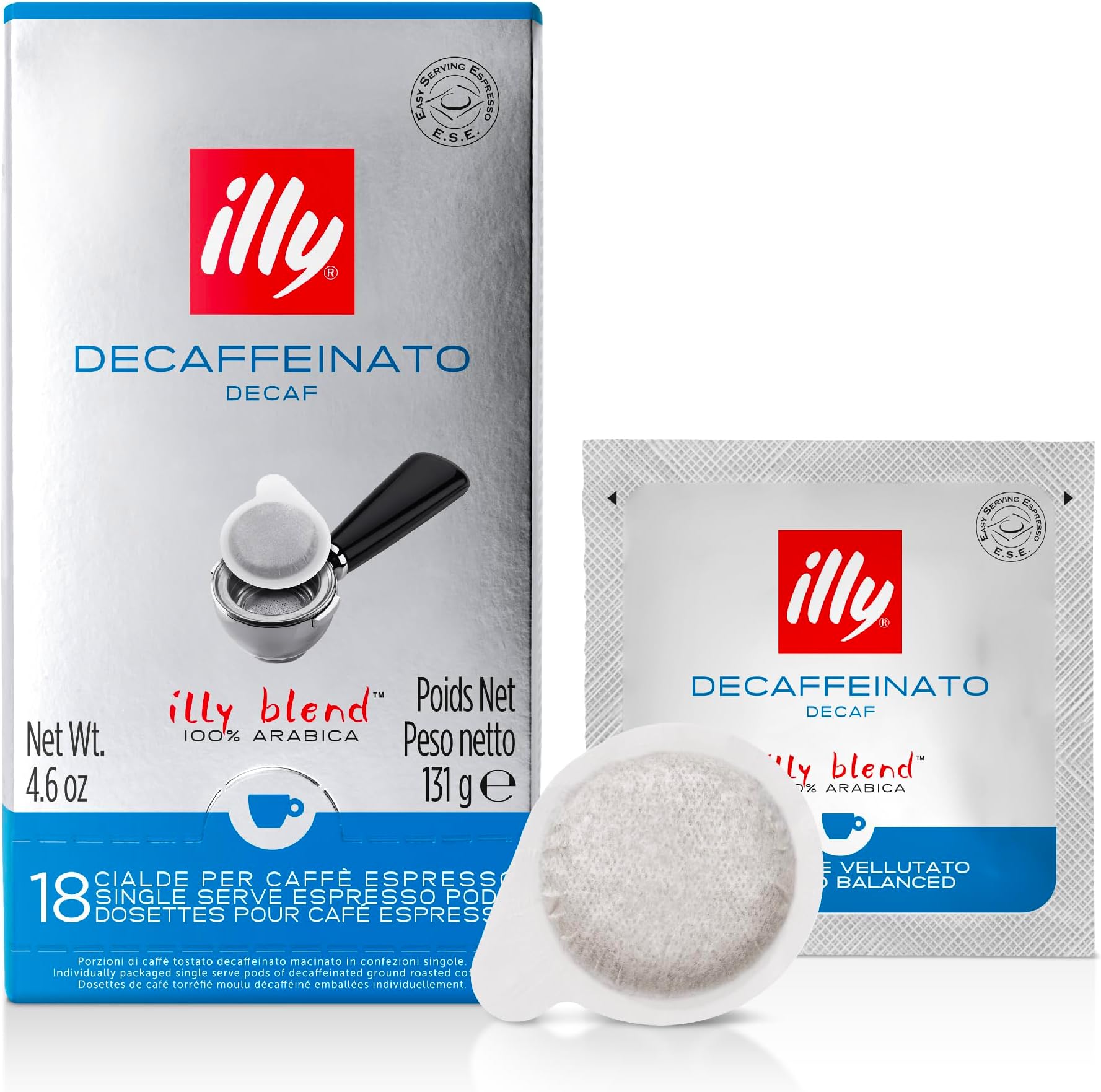 illy Coffee - ESE Coffee Pods x18 - Decaf Medium Roast - 100% Arabica - Compatible with ESE Machines - Individually Wrapped Decaffeinated Capsules