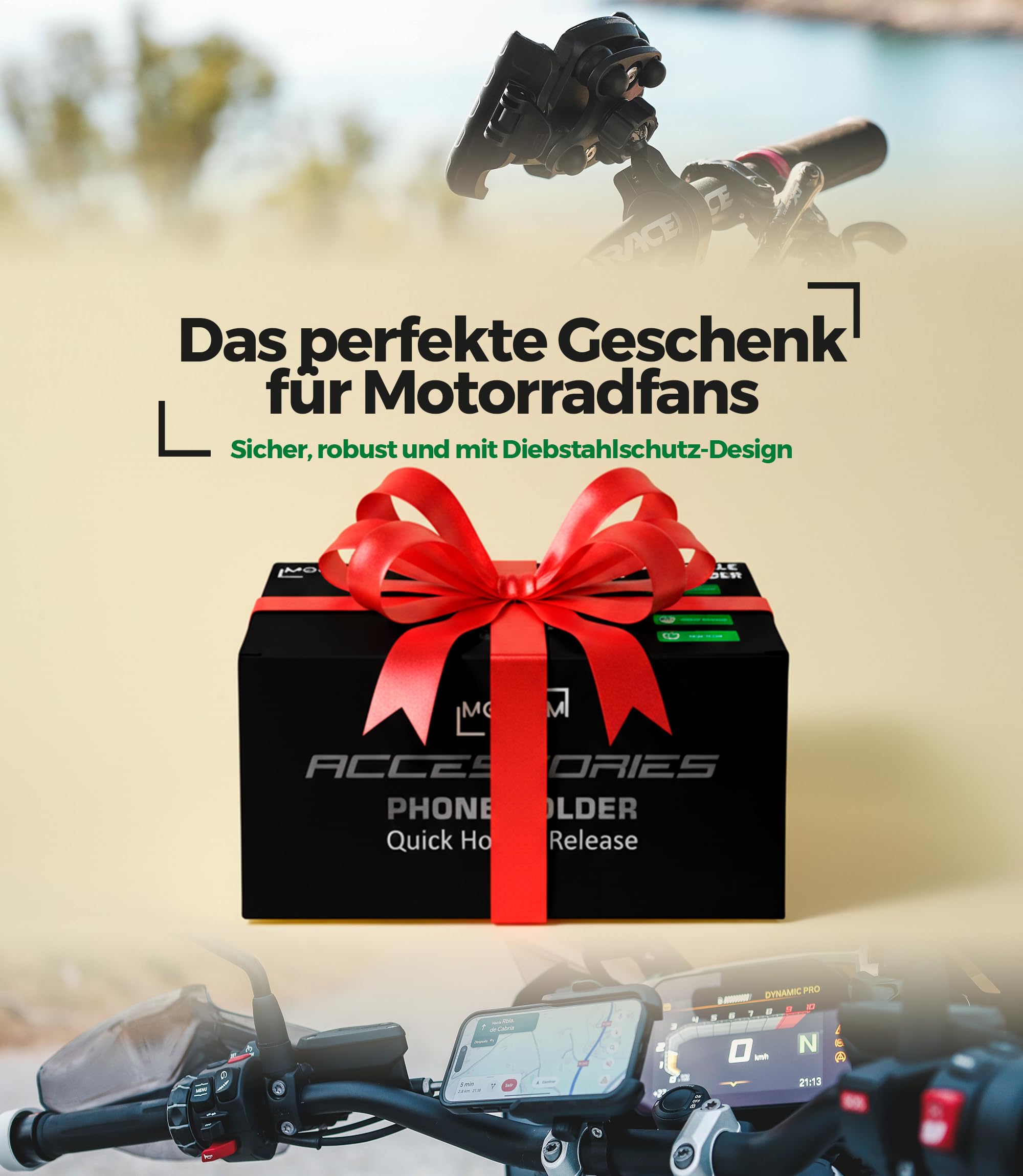 Handyhalterung Motorrad Antivibration CNC Aluminium Schnellverschluss Offenes Design Für Lenker 22-32mm & Rückspiegel 12-14mm Kompatibel Roller Fahrrad E-Scooter 360° Drehbar