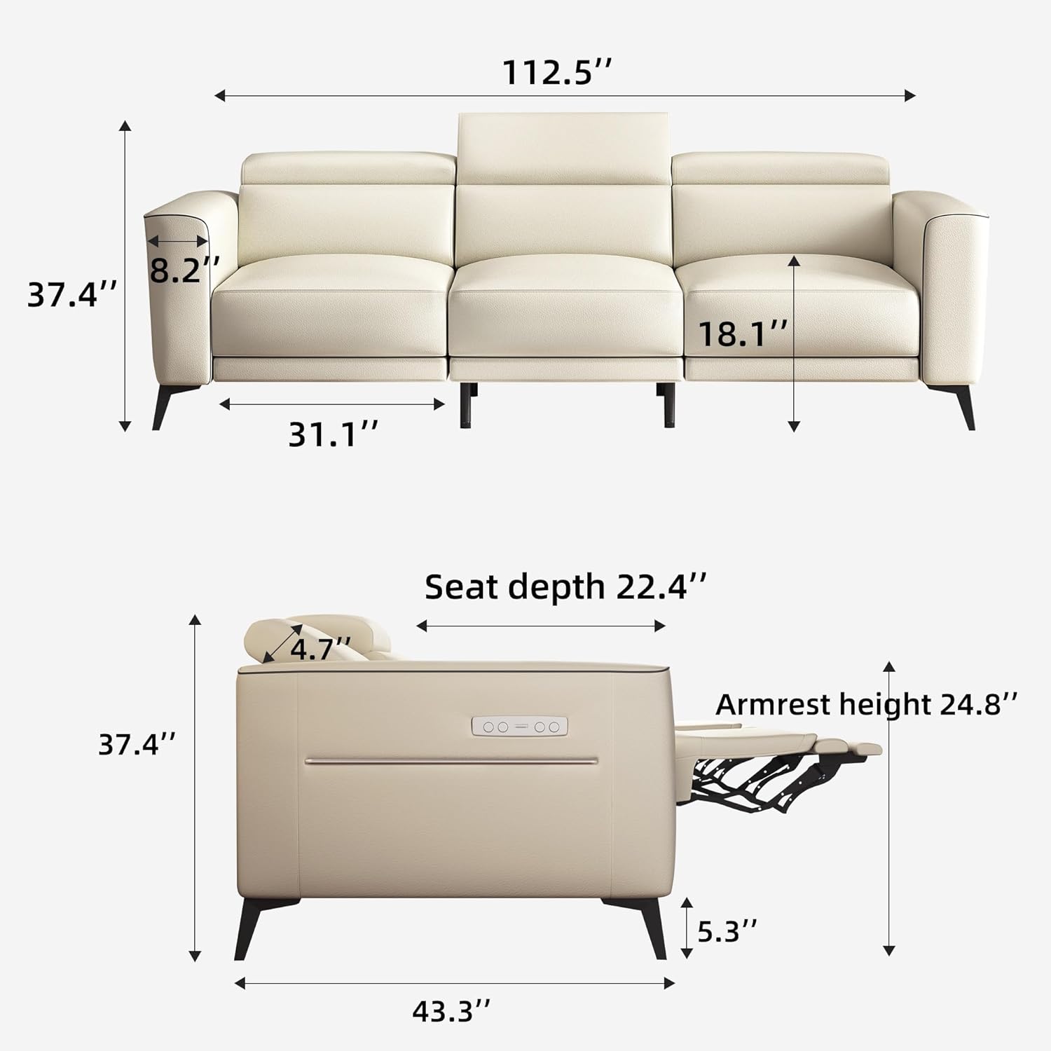 112.5” Power Reclining Leather Sofa with Adjustable Backrest and Footrest, Electric Recliner Couch with Adjustable Headrests for Living Room | electric, Adjustable