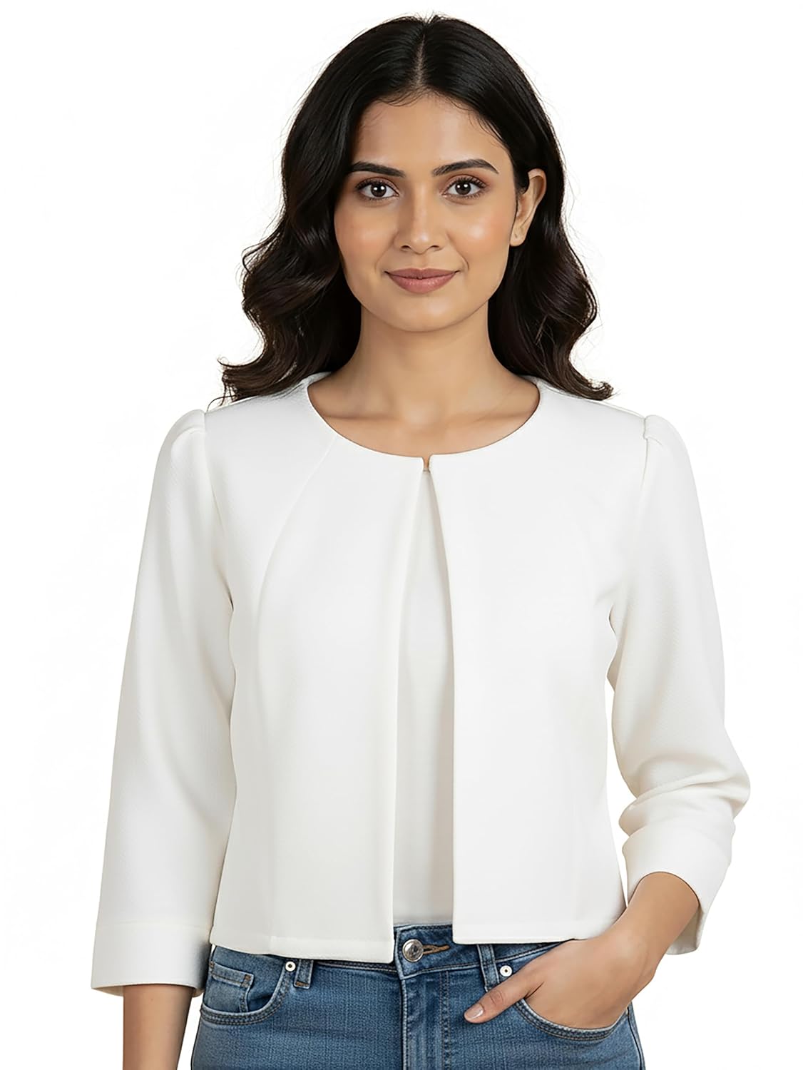 Glito Women’s Imported Poly Solid Open-Front Blazer Shrug Jacket | Regular Fit | Round Neck | 3/4 Sleeves | Jacket for Women | Ideal for Elegant Workwear & Casual Shrug for Women Glito Women’s Imported Poly Solid Open-Front Blazer Shrug Jacket | Regular Fit | Round Neck | 3/4 Sleeves | Jacket for Women | Ideal for Elegant Workwear & Casual Shrug for Women