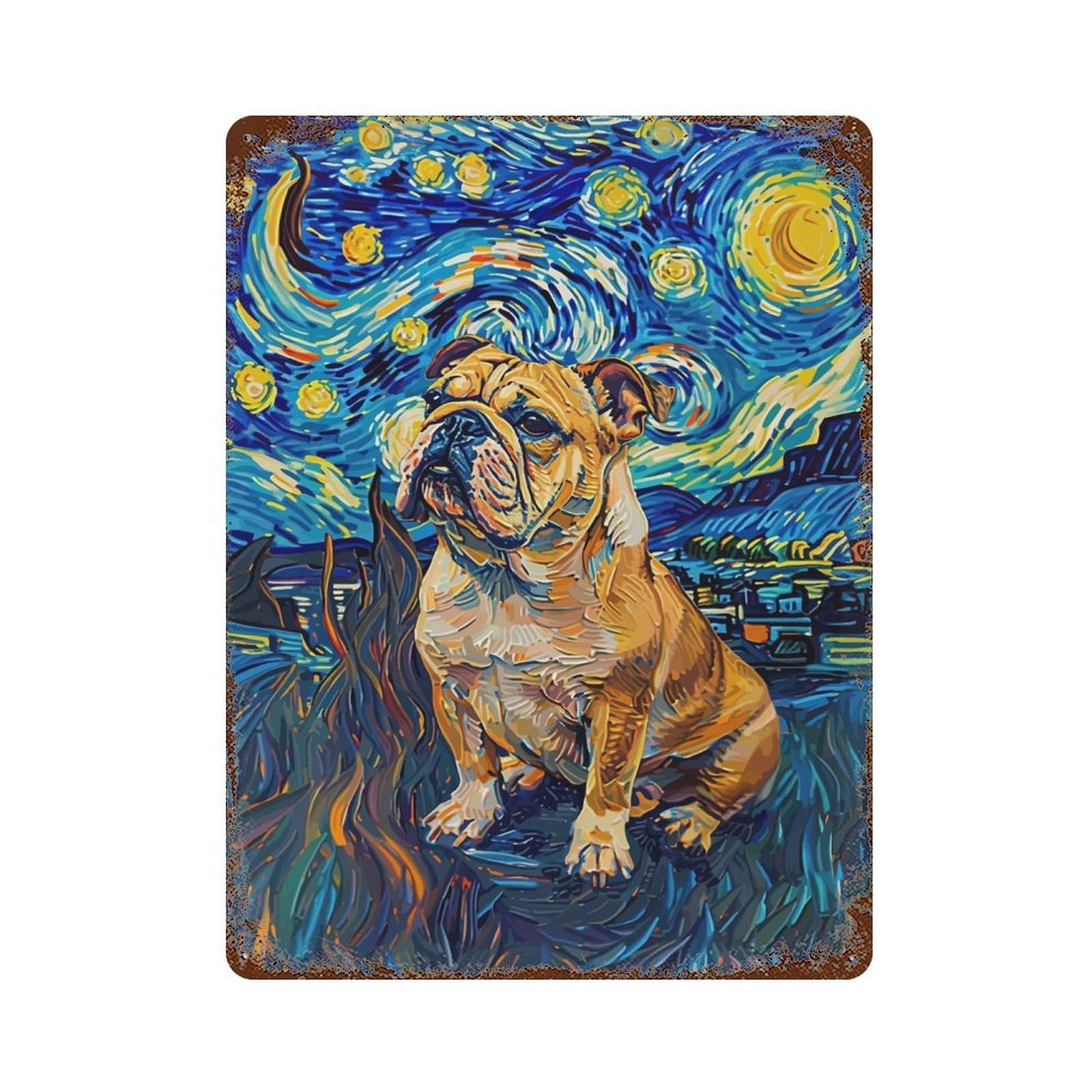 Starry Night Bulldog 15.7"x11.8" Vintage Rust Metal Sign, Shabby Chic Decor for Cafe, Home Bar And Lounge Decor