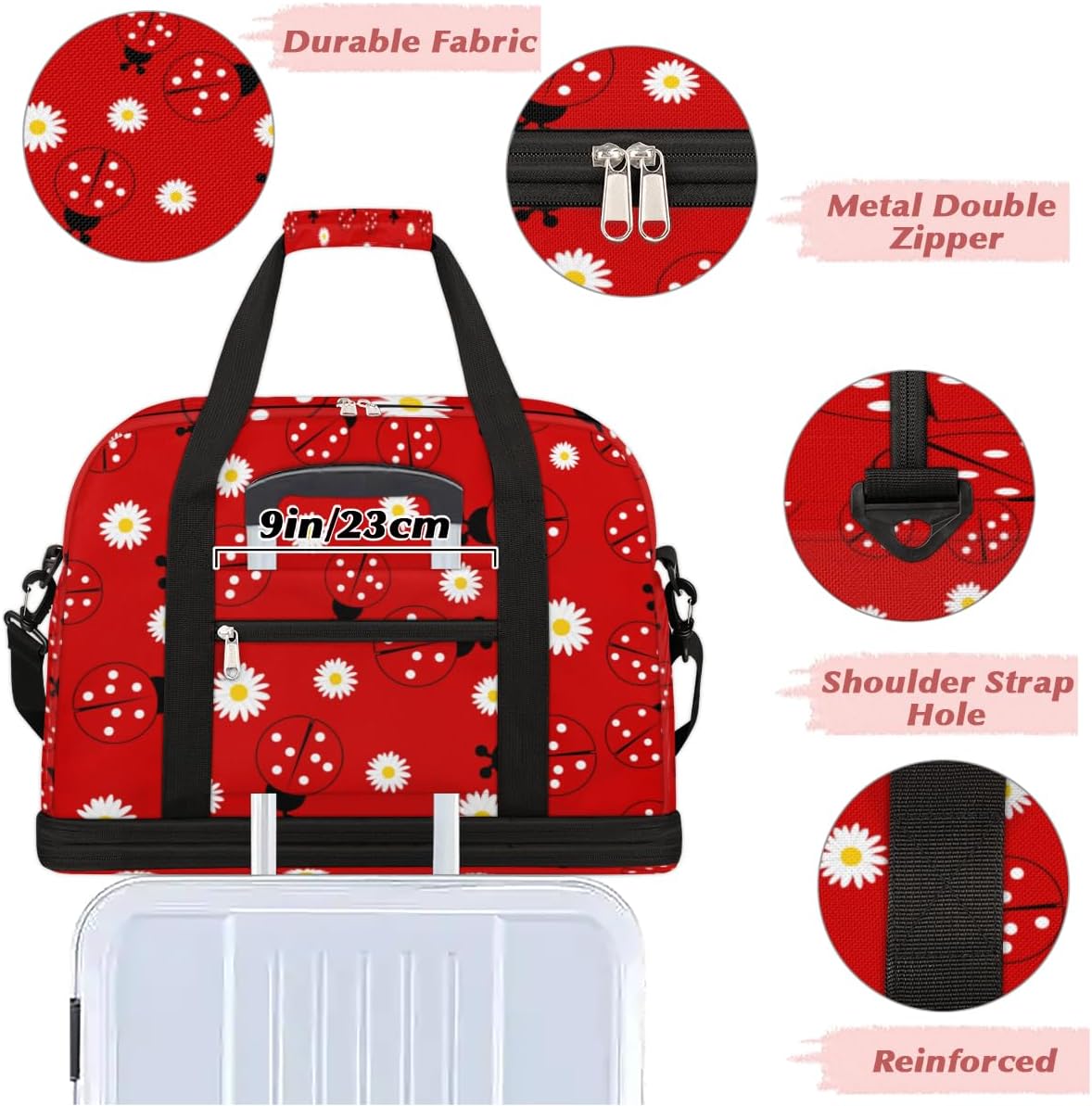 QsirBC Ladybugs Funny Style Gym Bag for Women Duffle Tote with Shoes Compartment Men Weekender Duffel for Dance Travel Sports Swimming Overnight