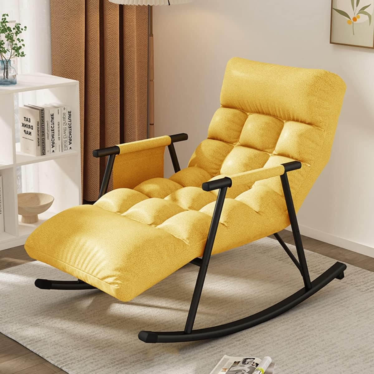Indoor Rocking Chair Adult Recliner Modern Bedroom Living Room Chairs Armchair Back Adjustable,Single Sofa for Reading Lounge Balcony,Thick Padded (Color : Yellow)