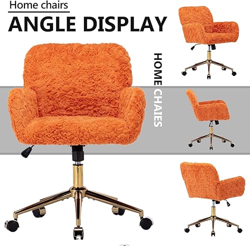 Miniatura 52 de Silla moderna de peluche para oficina en casa, bonita silla de escritorio tapizada con patas de metal dorado, silla giratoria ajustable con ruedas,
