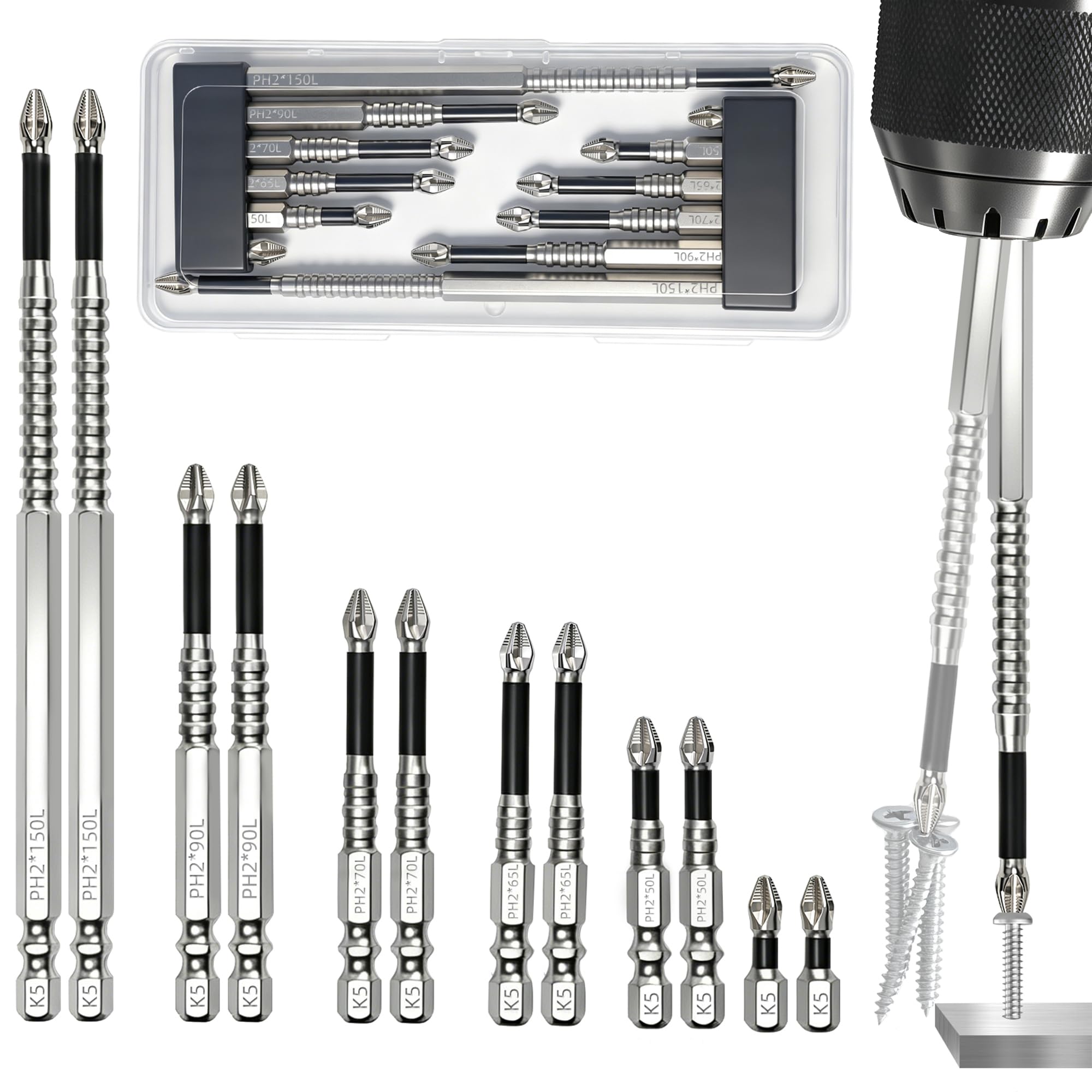 PH2 Magnetic Screwdriver Bits Set 12PCS K5 Alloy Steel Impact Driver Bits