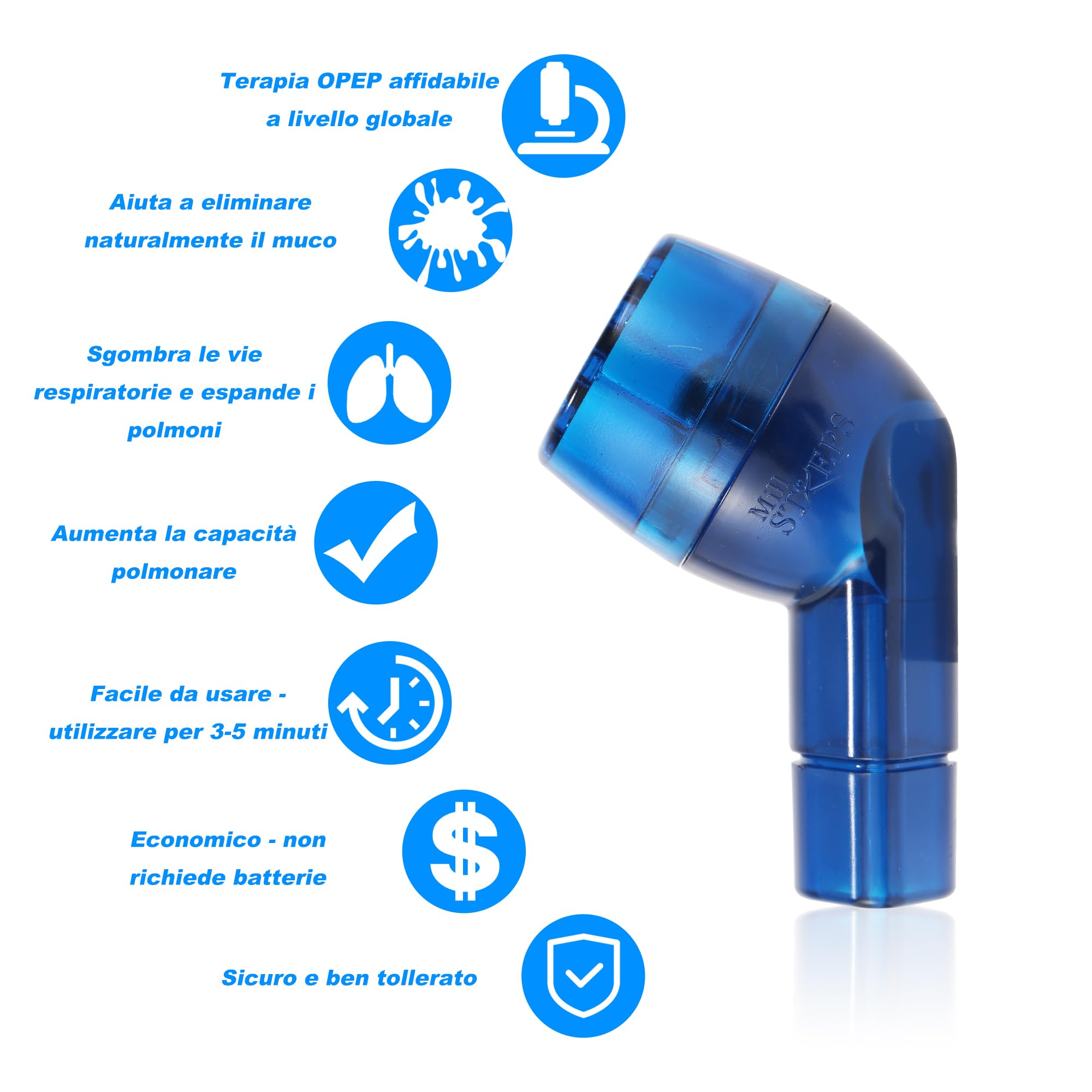 MillSTEPS Dispositivo per Esercizi Polmonari e Rimozione del Muco - Elimina Naturalmente il Muco Dalle vie Aeree - Adatto per Adulti, Atleti, Fumatori, Nuotatori, Subacquei (Blu)