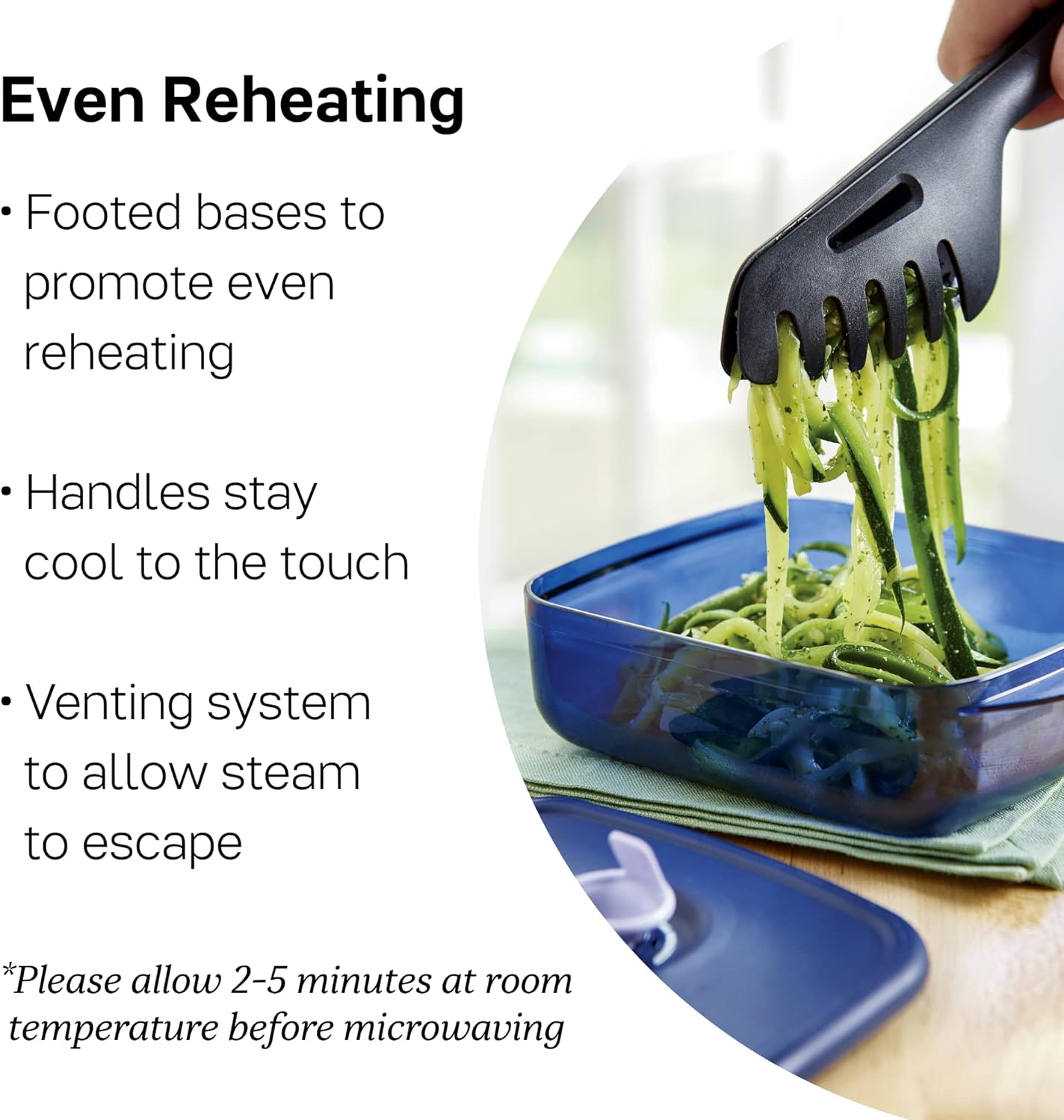 Close-up of a Tupperware Vent 'N Serve container showing its footed base, cool-touch handles, and venting system.