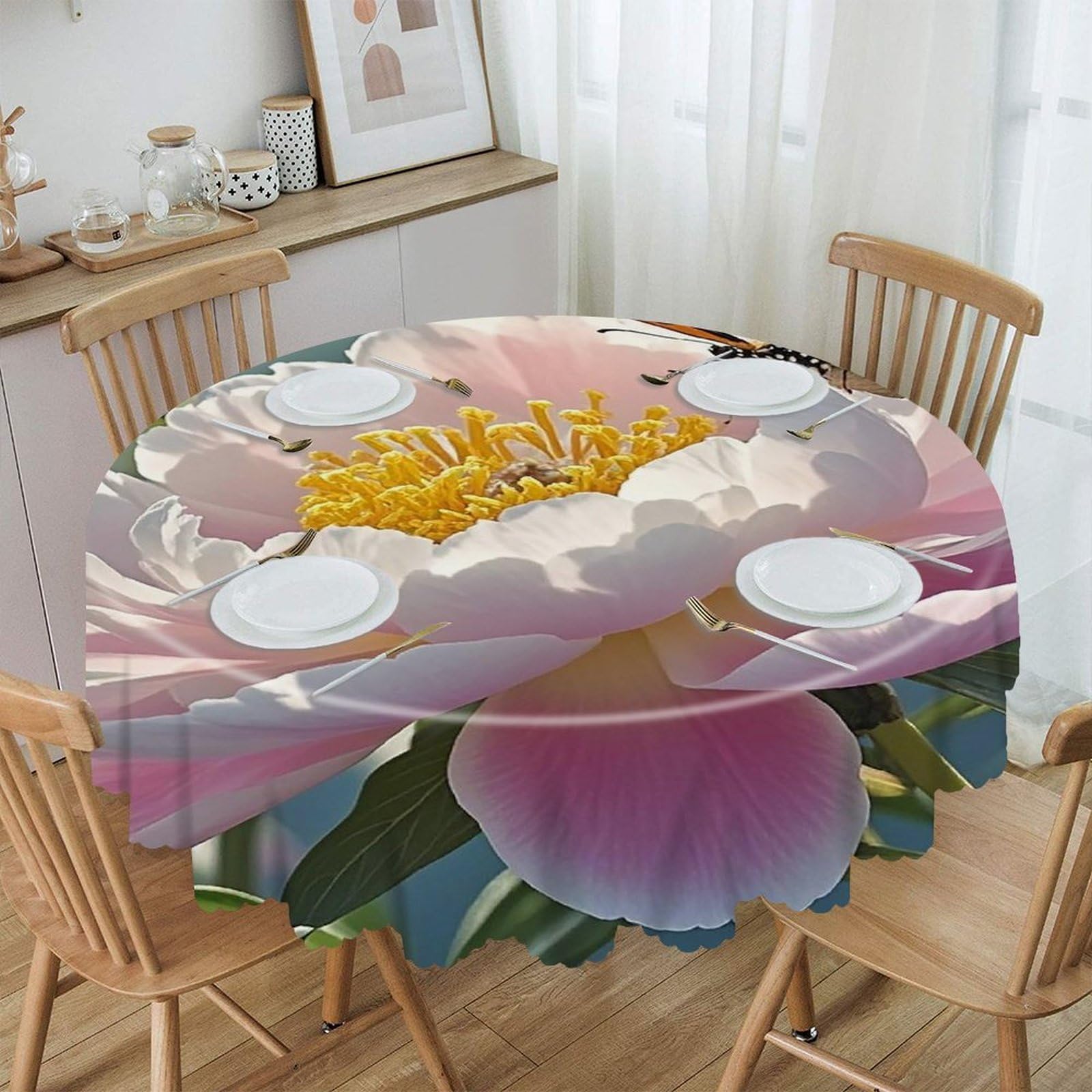 LZQPOEAS Cute Little Butterfly Round Tablecloth Rustic Circle Table Cloth Wrinkle Resistant Decor Tablecloth Waterproof Washable Table Cover for Kitchen Party Dining Table 60 Inch