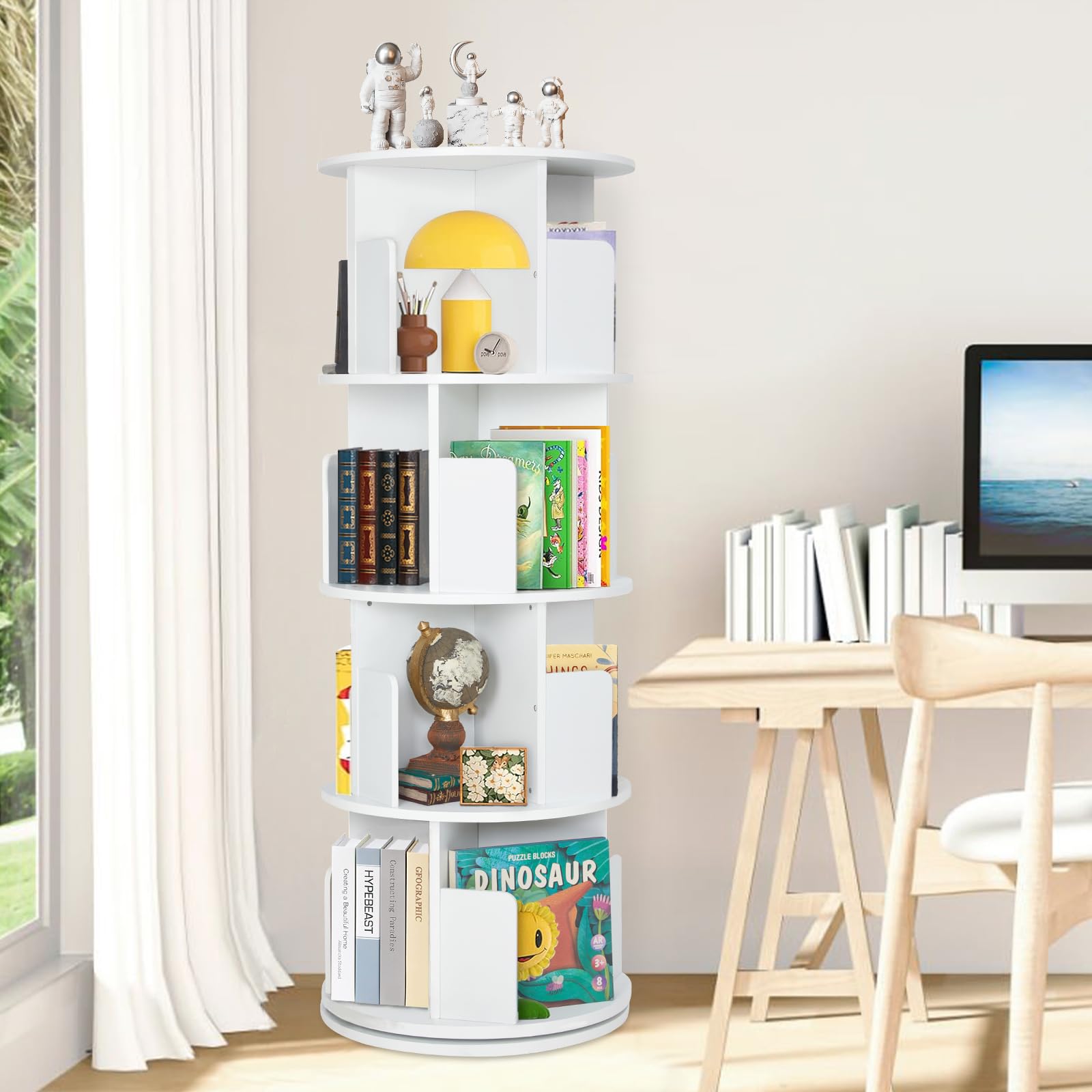 labebe Drehbares Bücherregal 360 Grad, Holz-Eck-Bücherregal, 4-stöckiges drehendes Bücherorganisator, Aufbewahrungsregal Organisator, weiß