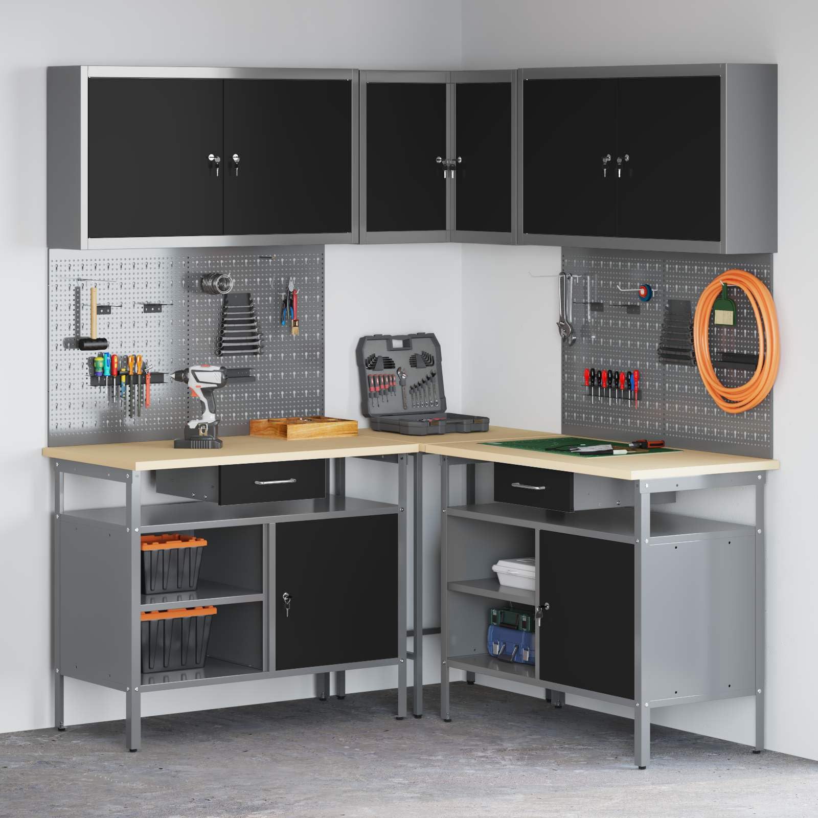 Arbeitsschrankset mit Schubladen 10-teilig Schwarz Grau aus pulverbeschichtetem Stahl und Holzwerkstoff 255x55x220 cm Werkstattwagen mit Werkzeugaufbewahrung und Ordnungssystem für Garage