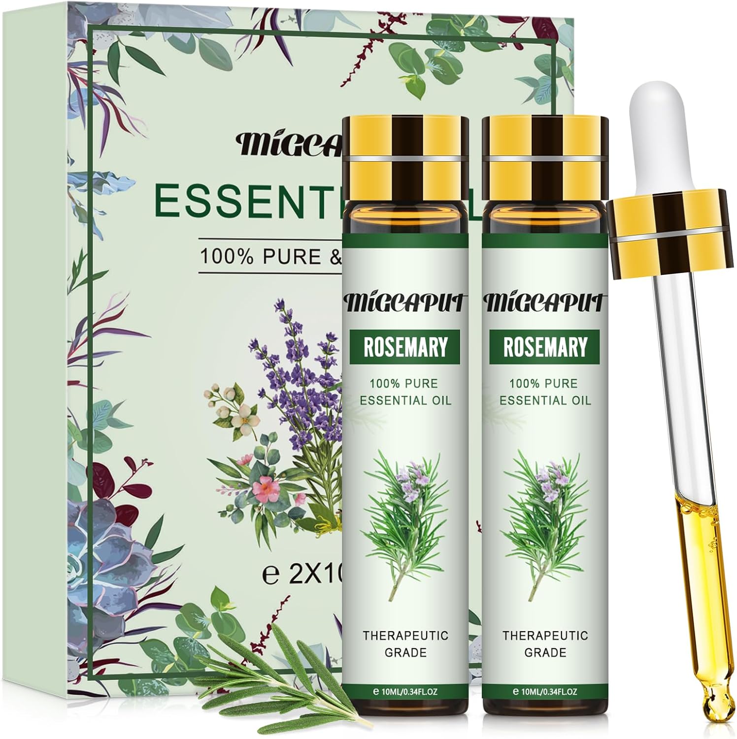 Rozemarijn Etherische Olie 2x10ML, 100% Pure en Natuurlijke Aromatherapie Etherische Olie voor Diffuser, Premium Kwaliteit Rozemarijnolie, Ideaal voor Het Verbeteren van Het Geheugen